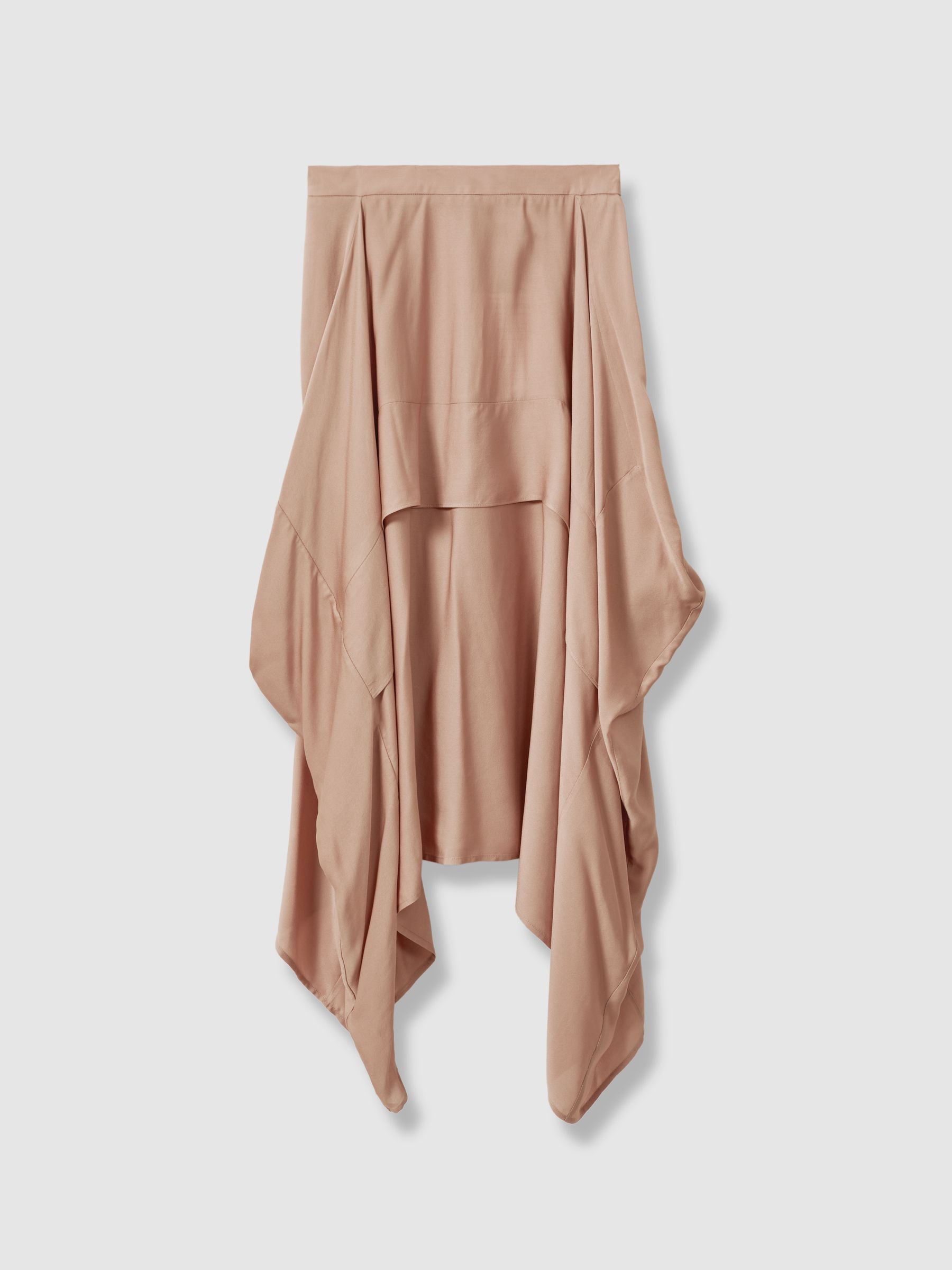 Side Pleat Asymmetric Midi Skirt in Nude