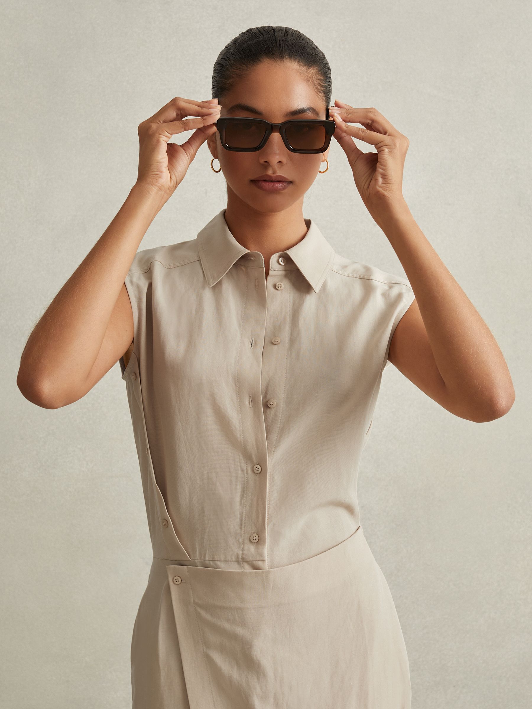 Lyocell Linen Wrap Front Midi Dress in Neutral