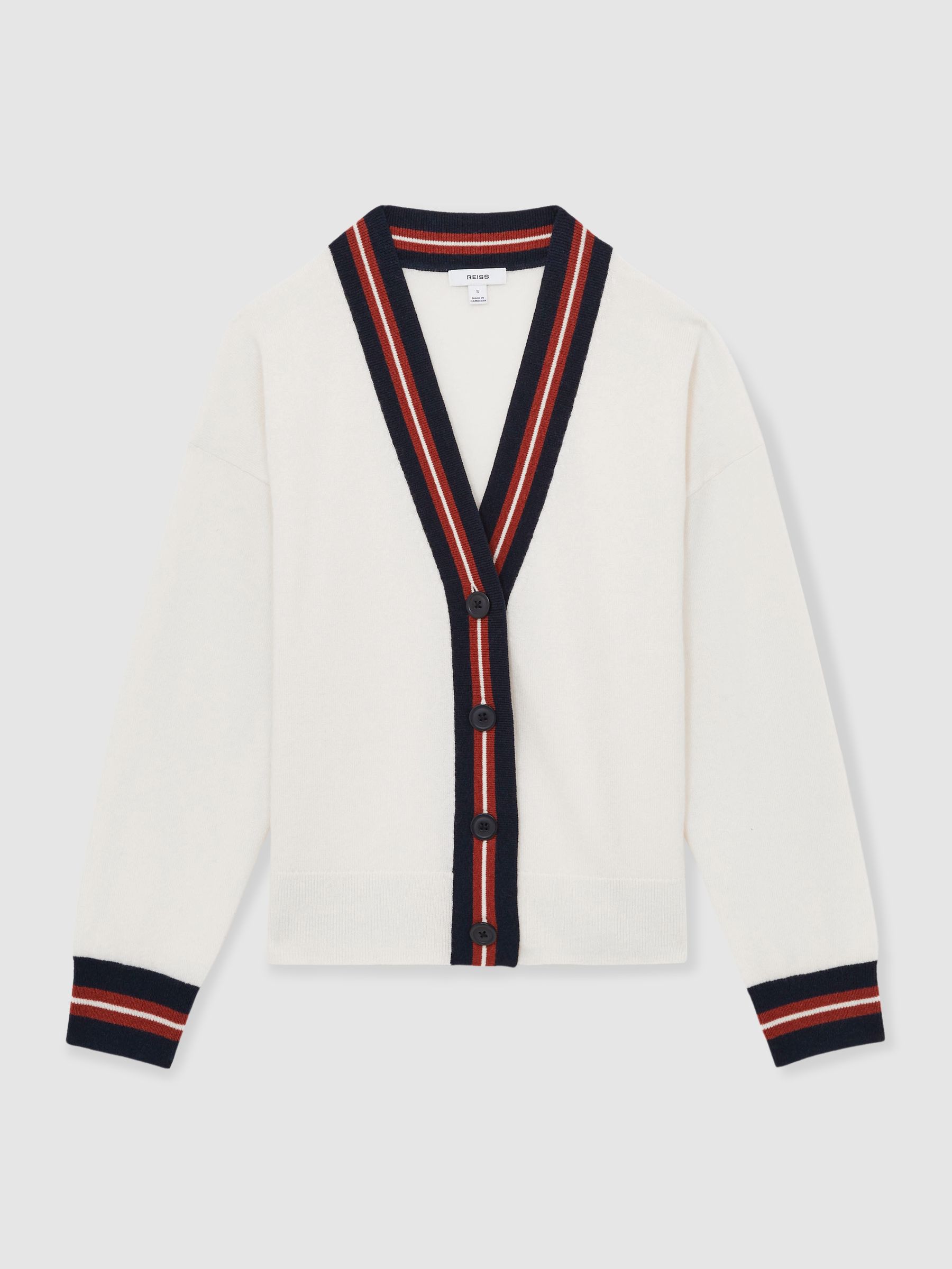 Wool-Cashmere Stripe-Trim Cardigan in White