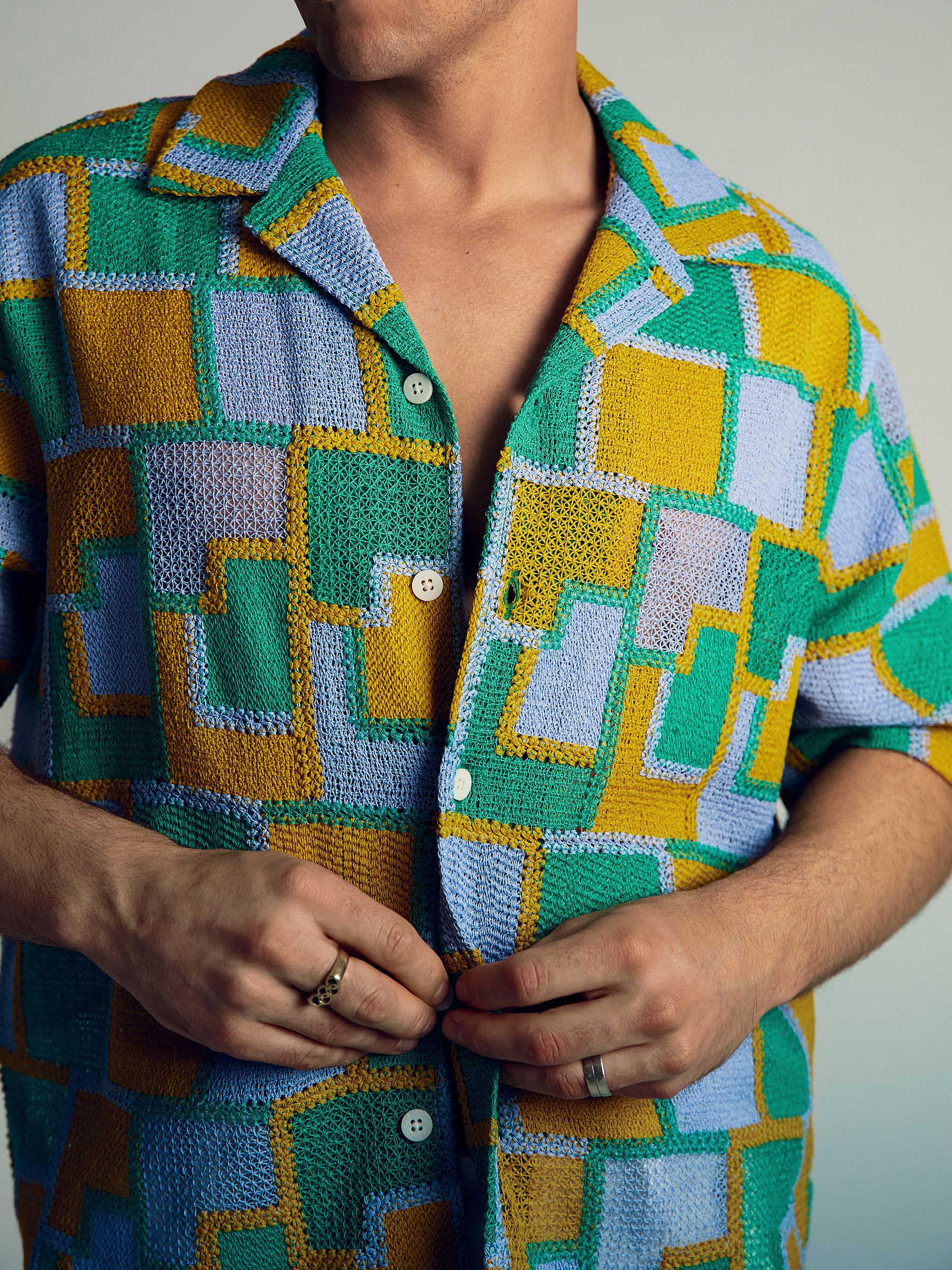 Reiss | Tom Daley Tile Crochet Shirt in Yellow/Green/Blue Multi