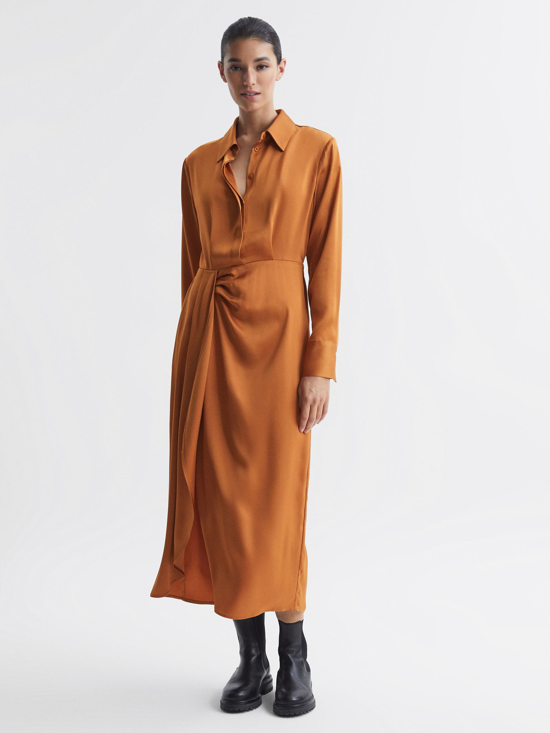 Satin Shirt-Style Midi Dress in Rust