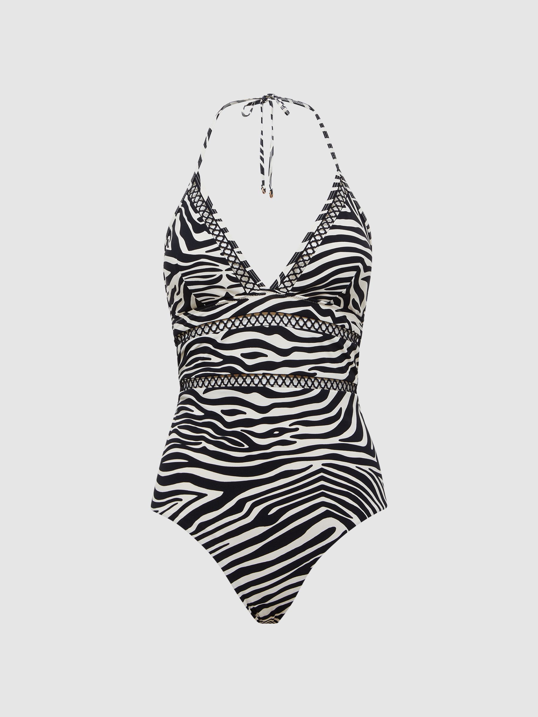 Halter Neck Zebra Print Swimsuit in Black/White