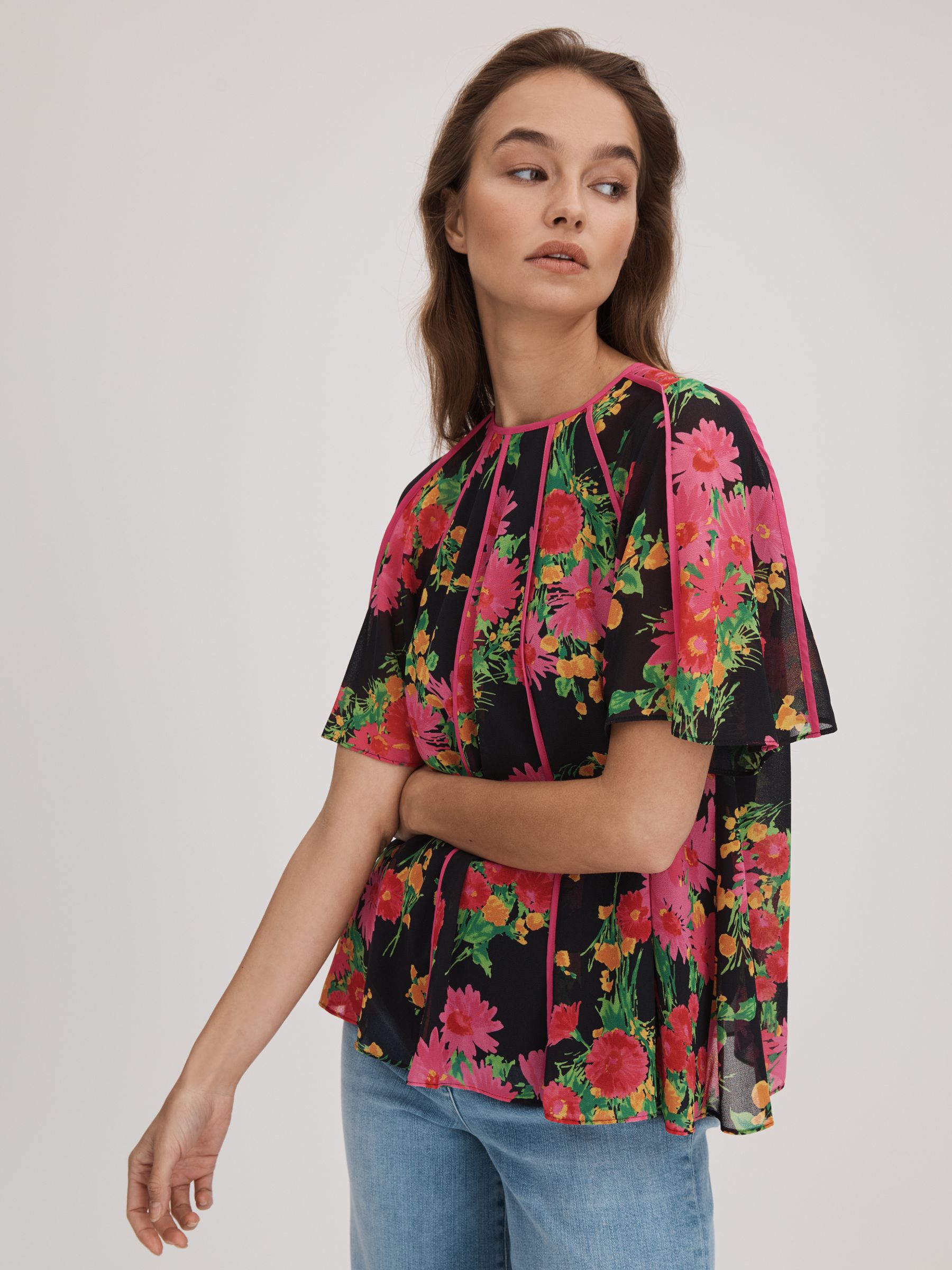 Florere Printed Flare Sleeve Blouse in Pink/Black