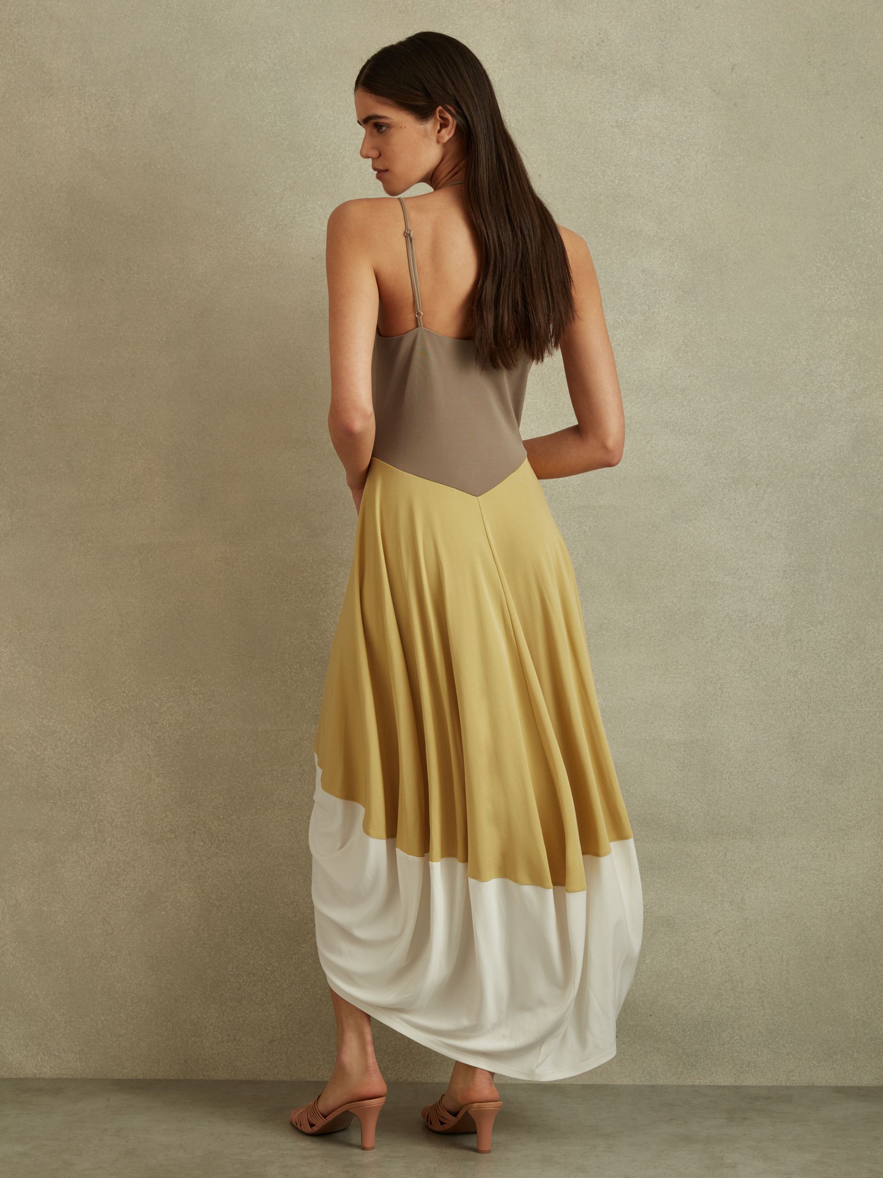 Colourblock Ruched Midi Dress in Yellow/Neutral