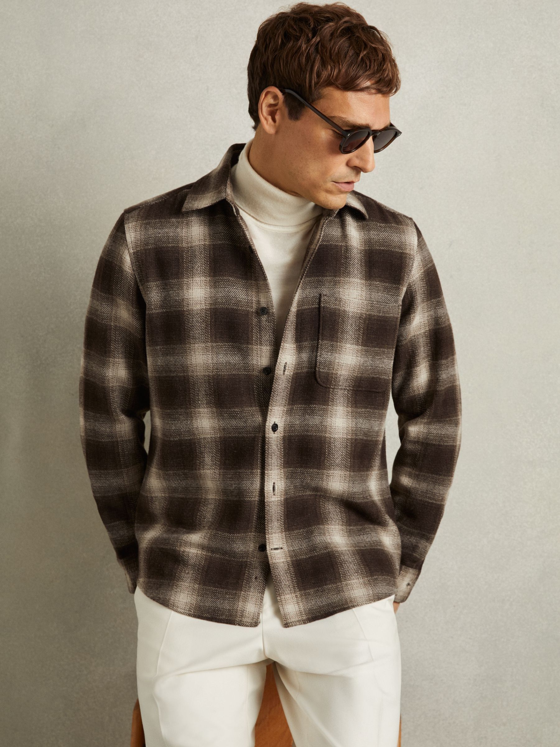 Check Patch-Pocket Overshirt With Wool in Brown Multi