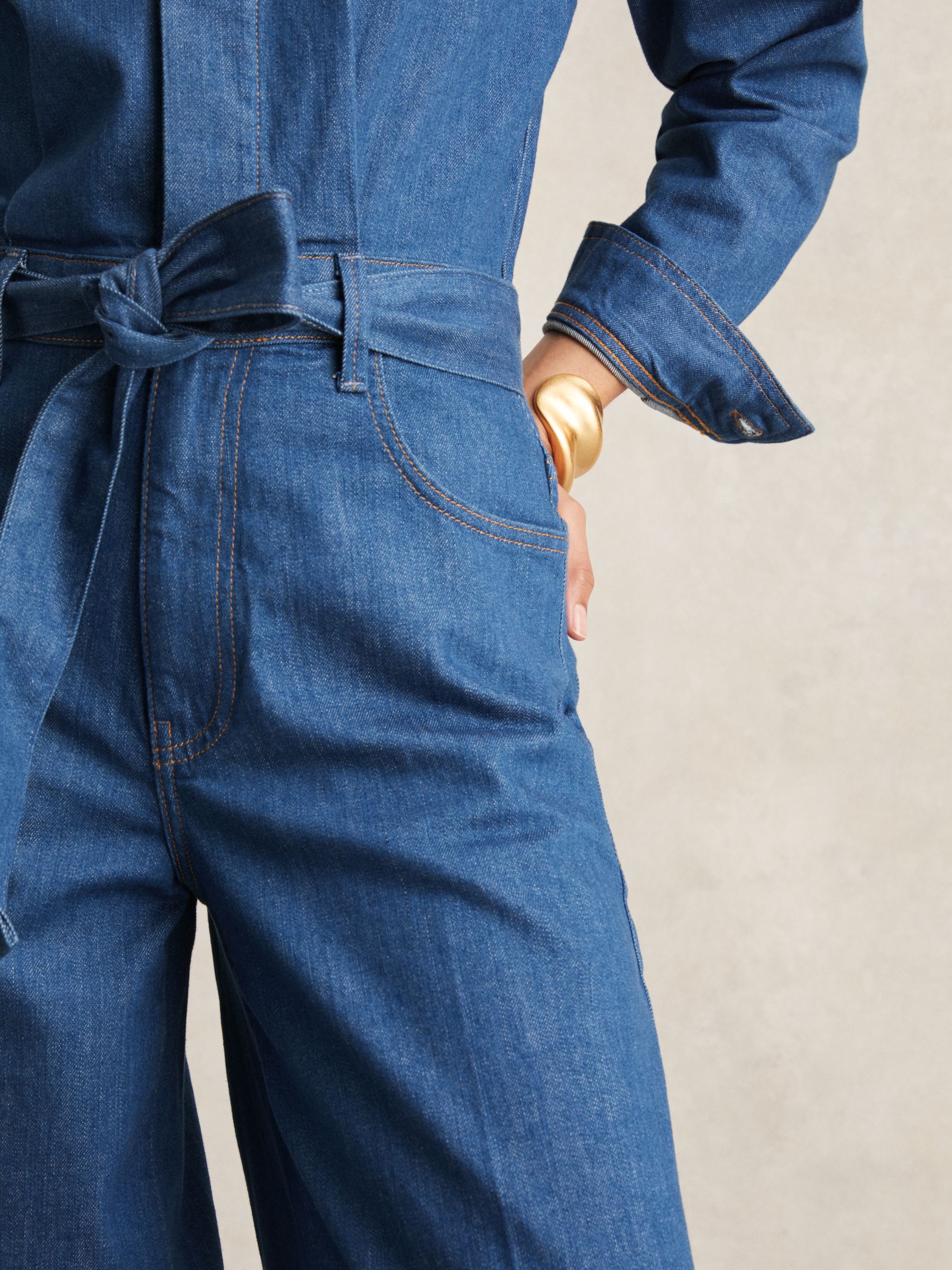 Paige Maraya Blue Wide Leg Belted Denim Jumpsuit in Maraya Blue