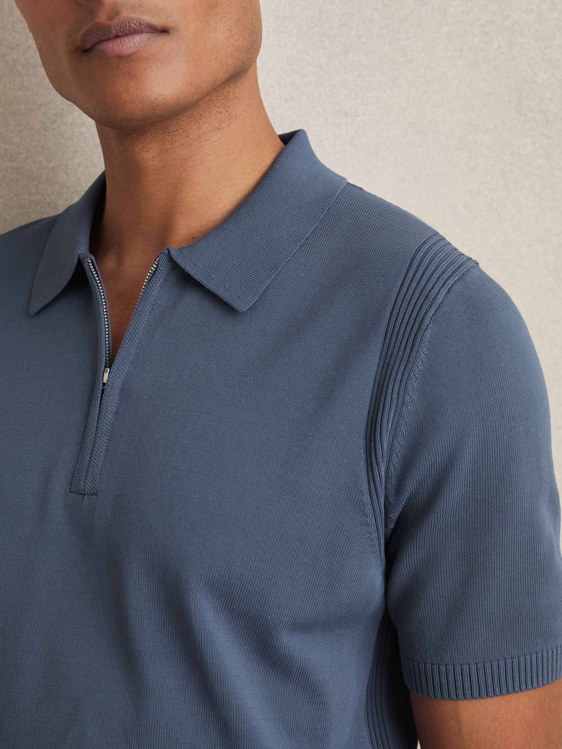 Cotton Half-Zip Knitted Polo Shirt in Airforce Blue