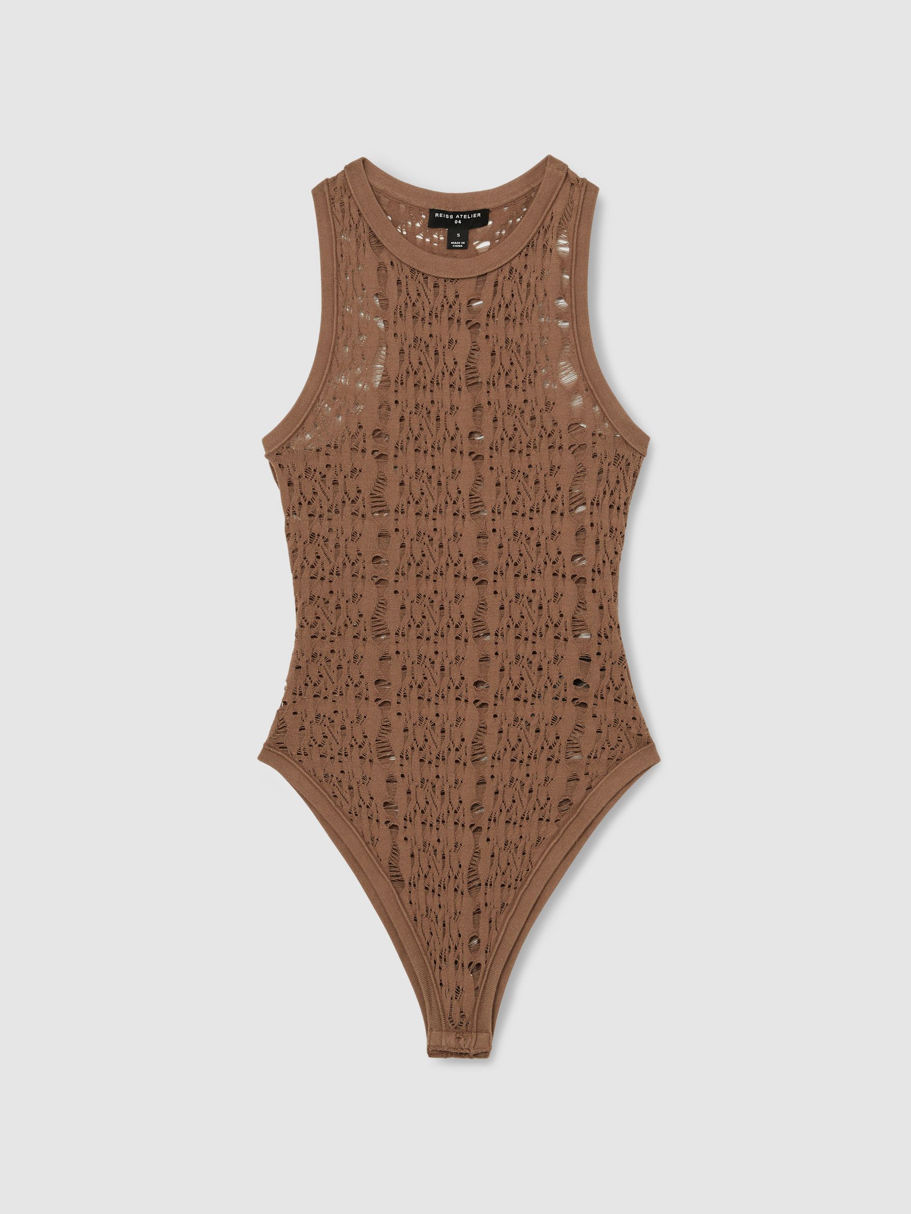 Atelier Lace-Knit High-Neck Bodysuit in Taupe