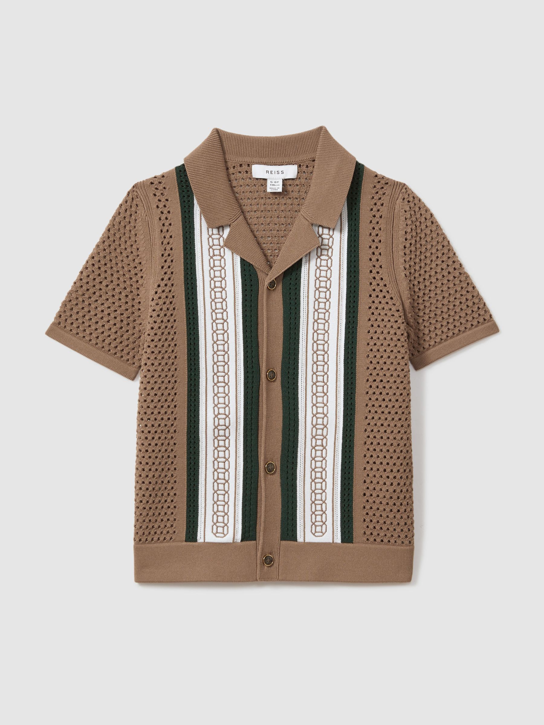 9-13 yrs Embroidered Cuban Collar Shirt in Camel/Green