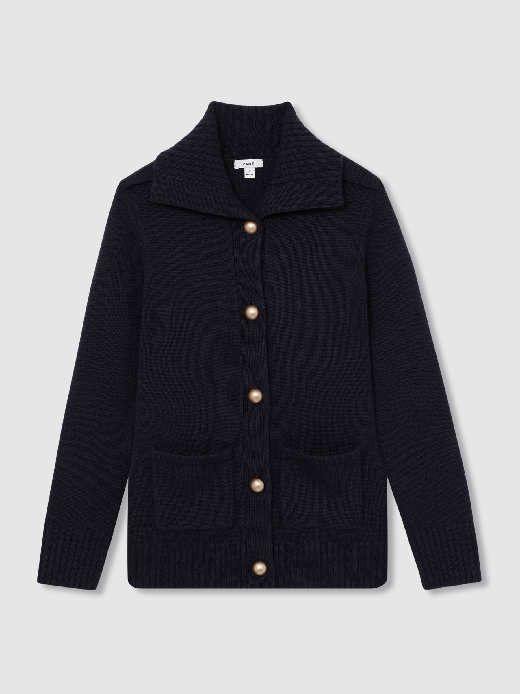 Wool-Cashmere Spread Collar Cardigan in Navy