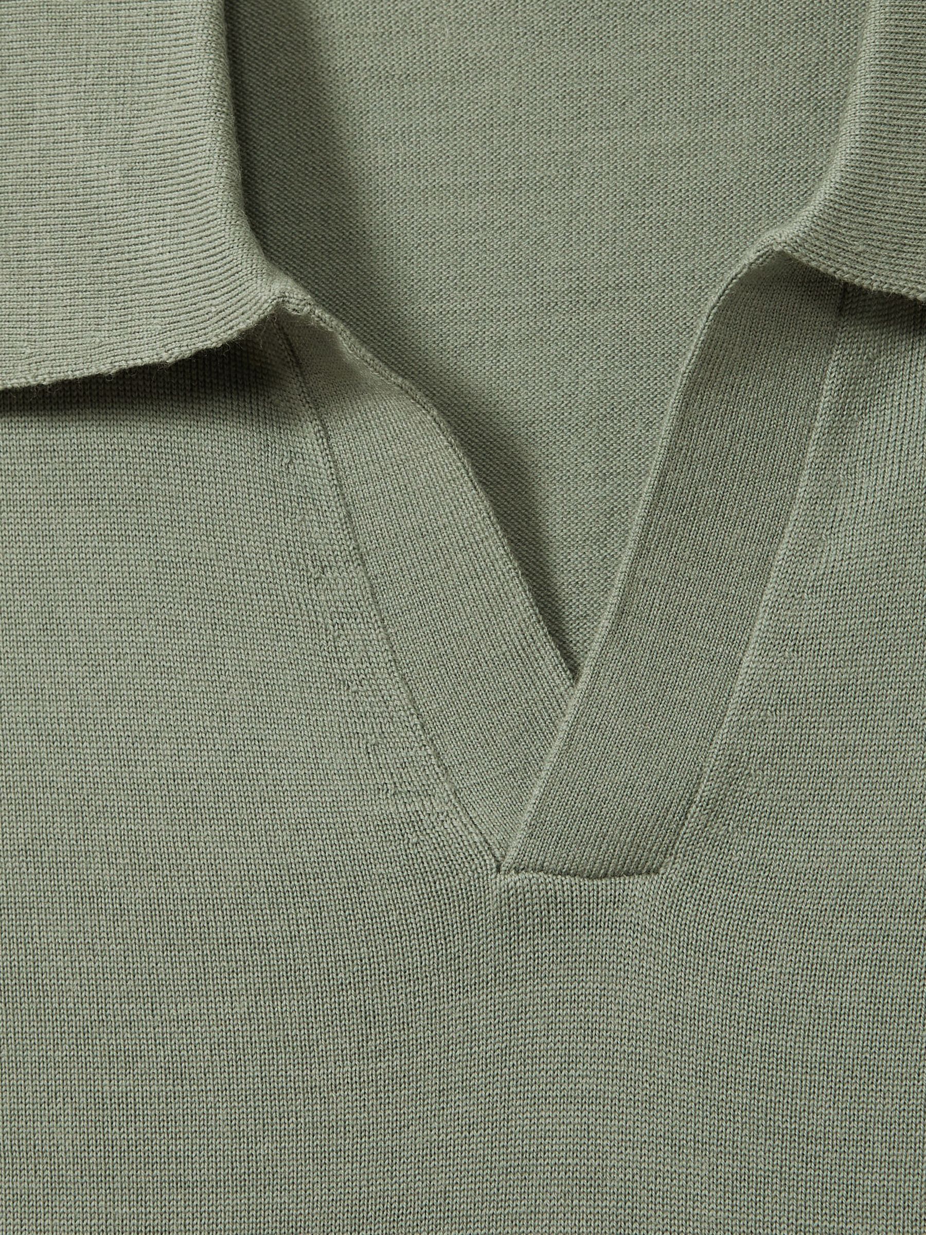 Merino Wool Open Collar Polo Shirt in Herb Green