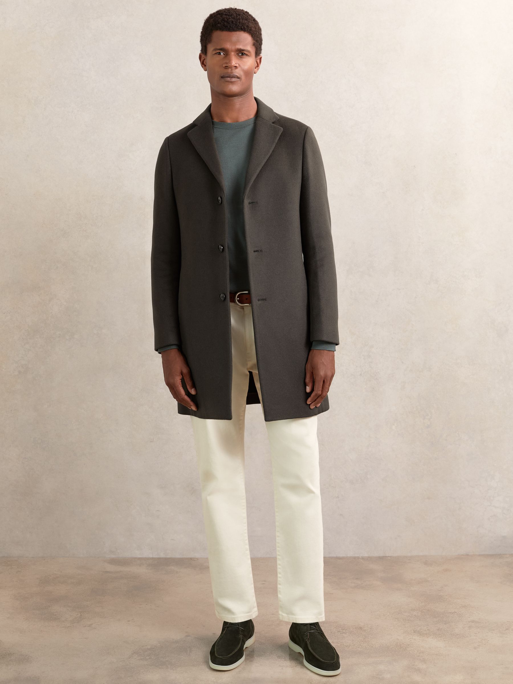 Woo Blend Single-Breasted Overcoat in Dark Khaki Green