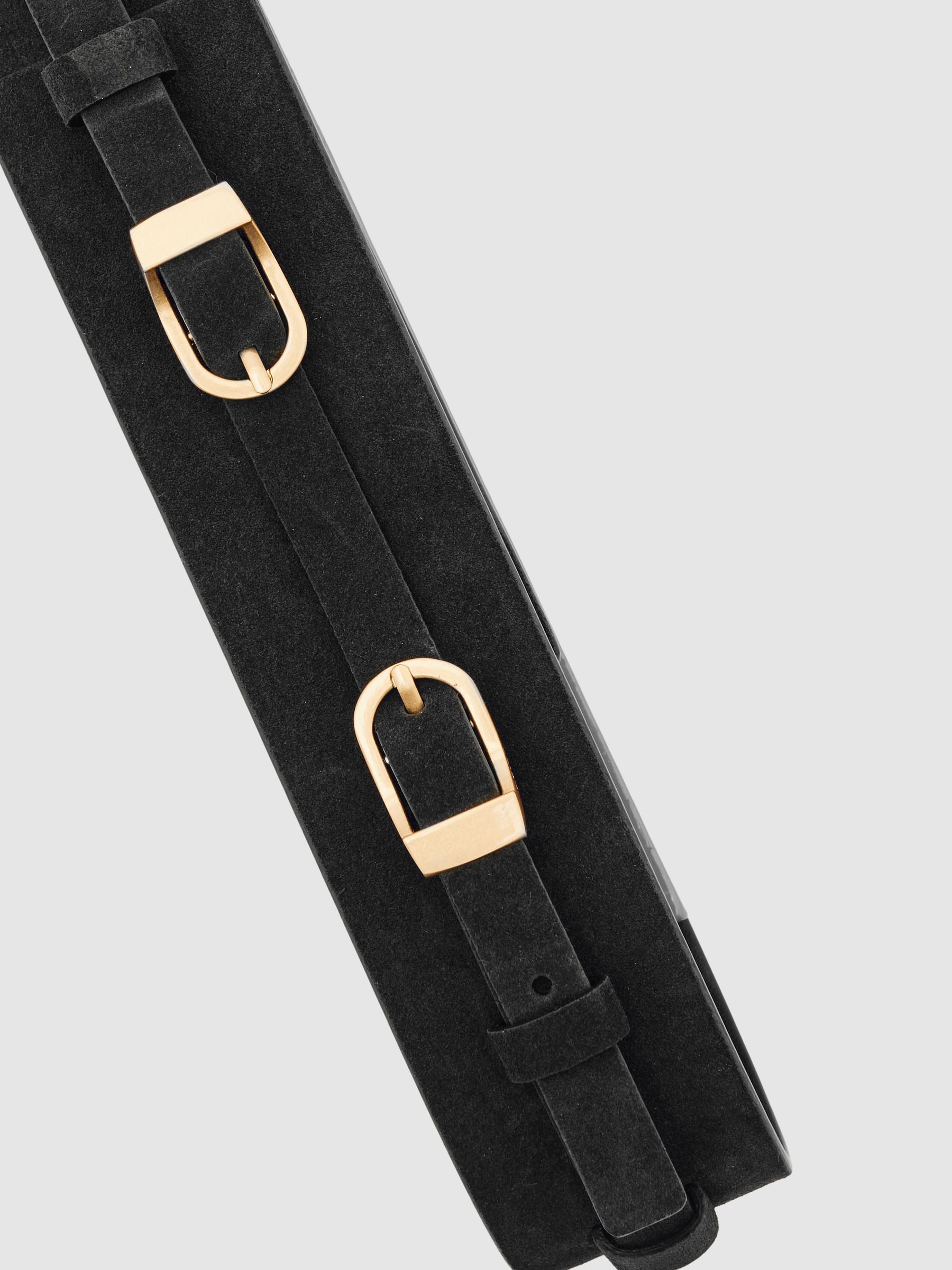Suede Double-Buckle Waist Belt in Chocolate