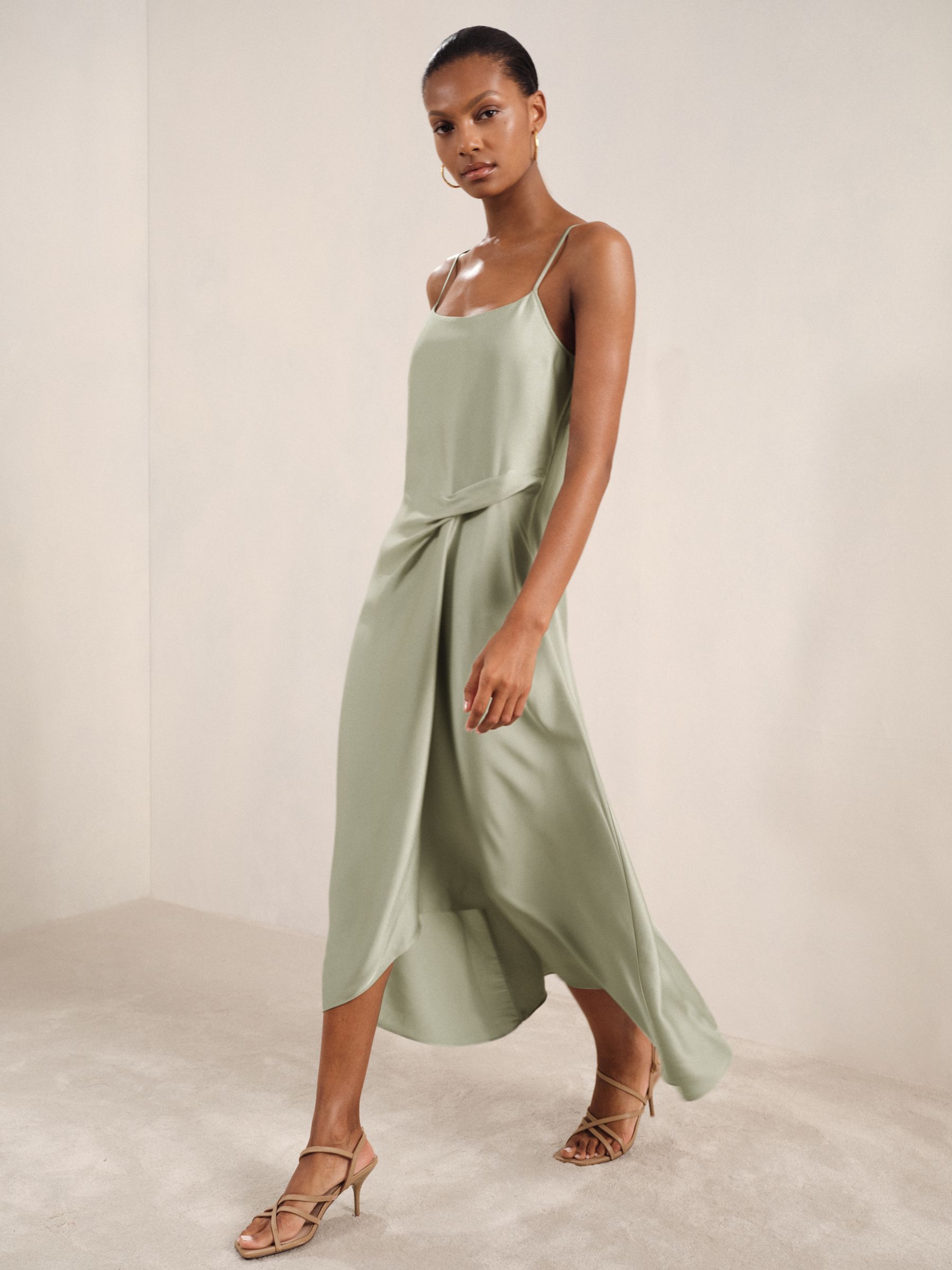 Satin Drape-Detail Slip Dress in Sage