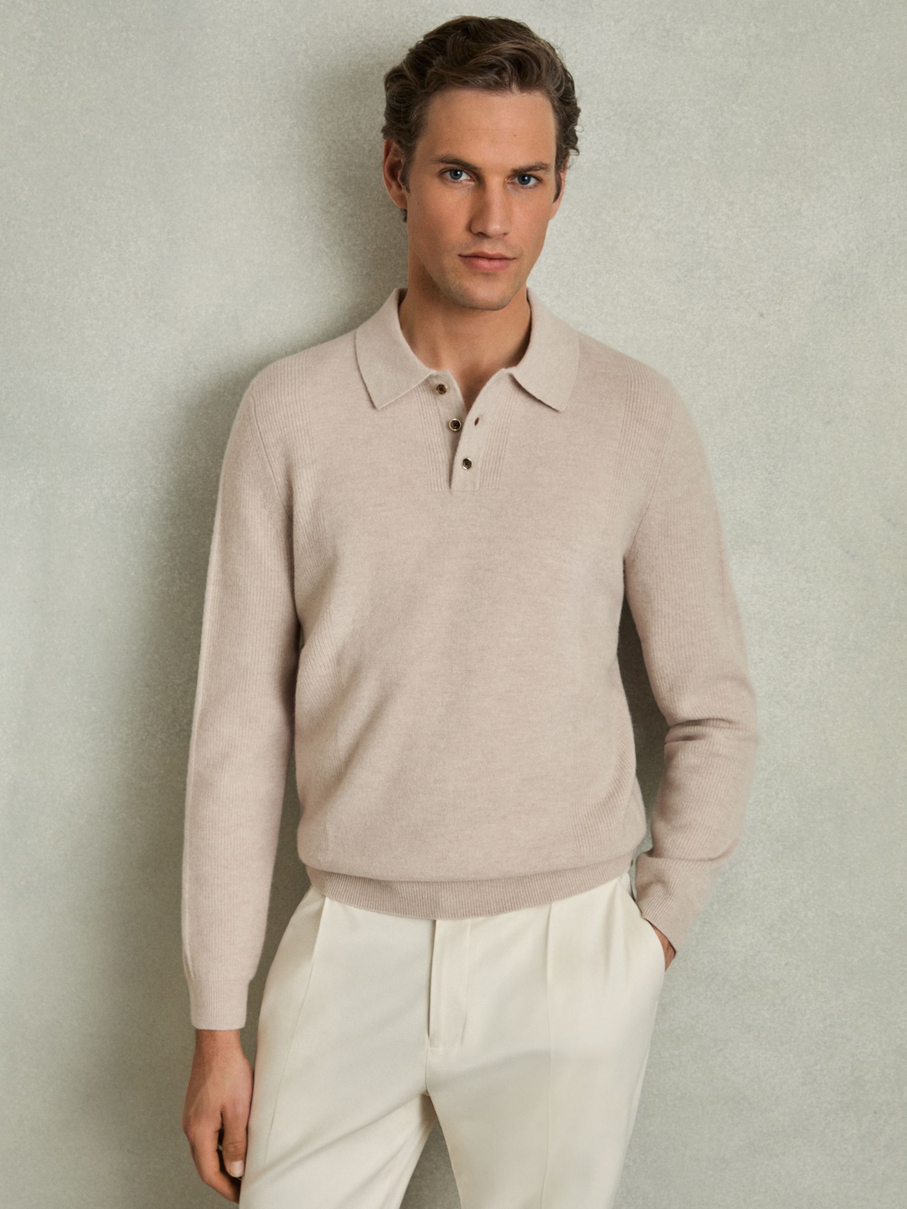 Wool Textured Long Sleeve Polo Shirt in Oatmeal