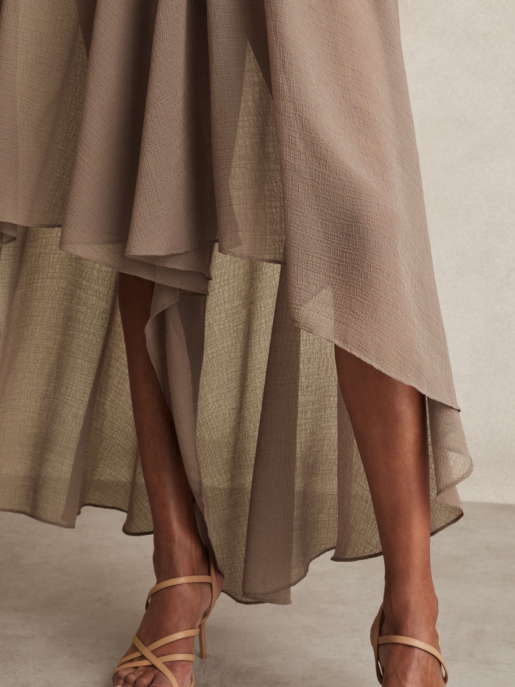 Sheer-Overlay High-Low Shorts in Mink Neutral