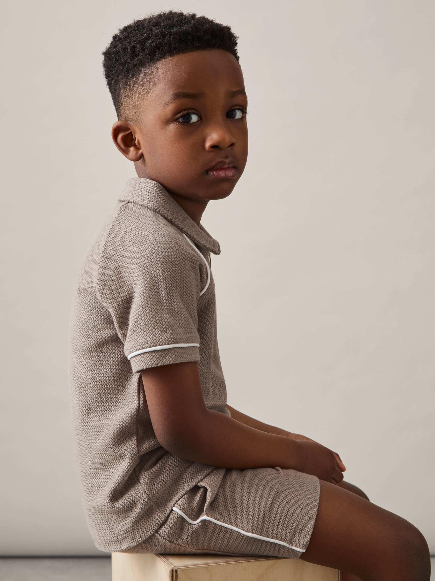 9-13 yrs Cotton Textured Piped Shorts in Mink Brown