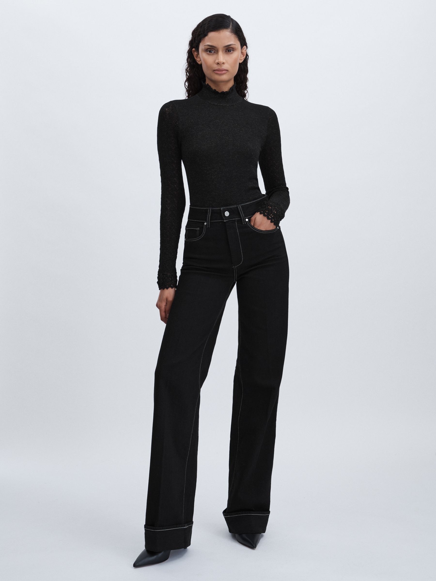 Paige Metallic Thread Pointelle Stitch Top in Black