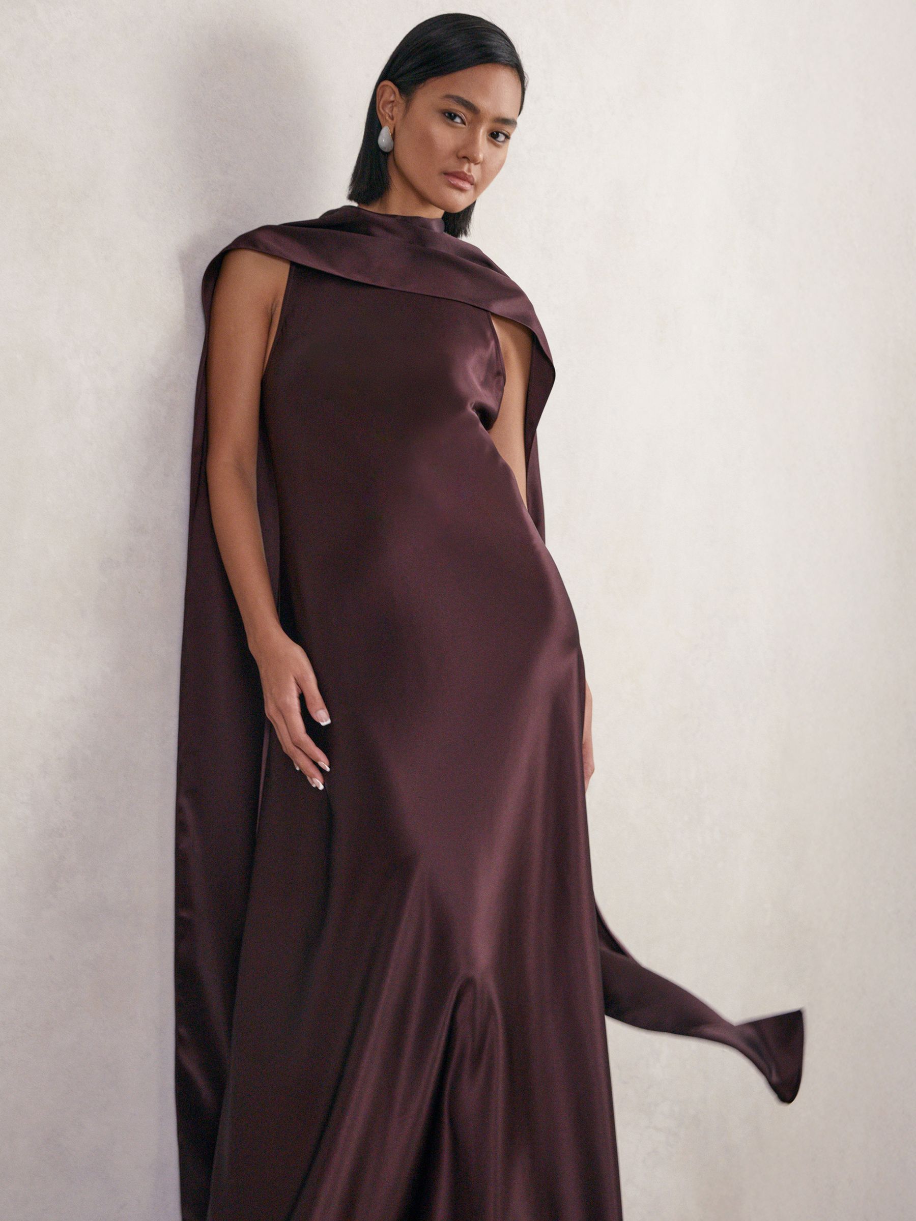Petite Satin Cape Maxi Dress in Burgundy