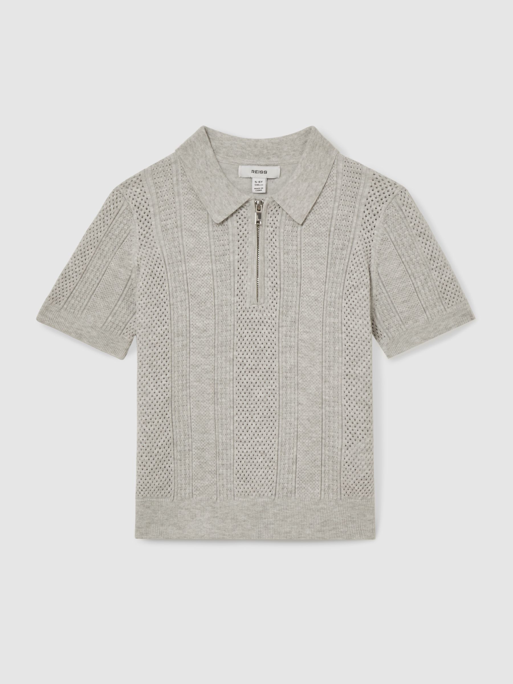 9-13 yrs Textured-Knit Half-Zip Polo Shirt in Grey Melange