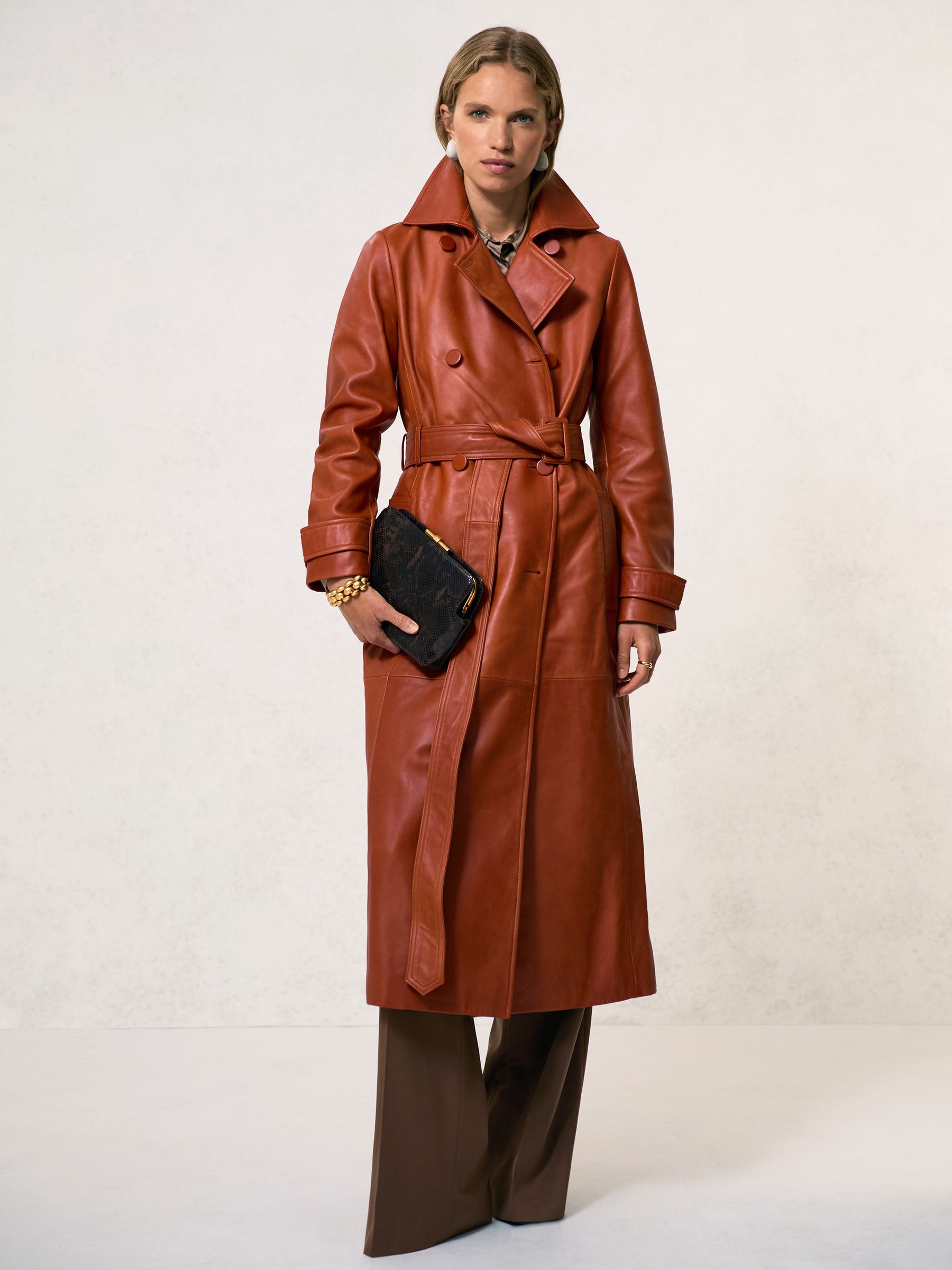Leather Double-Breasted Trench Coat in Tan