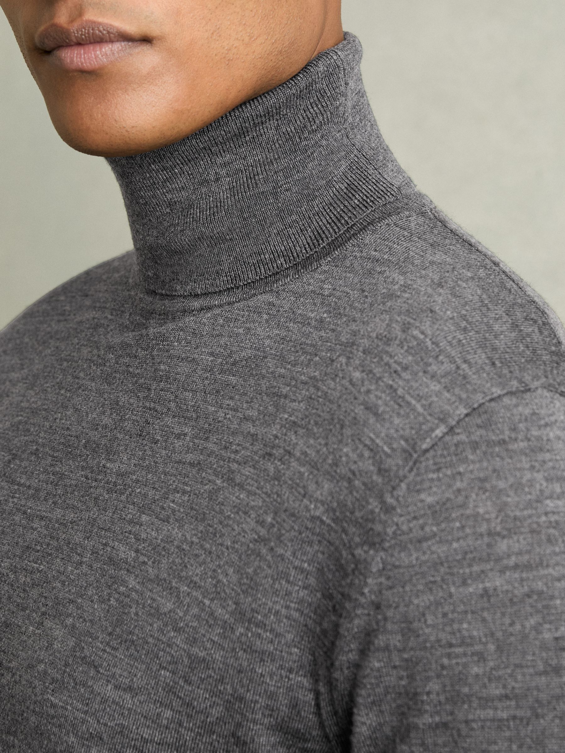 Slim Fit Merino Wool Roll Neck Jumper in Derby Grey Marl