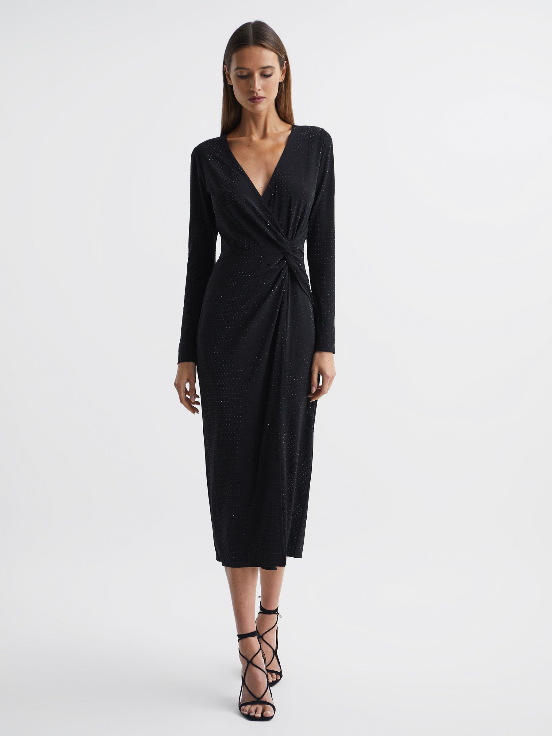 Halston Crystal Jersey Midi Dress in Black