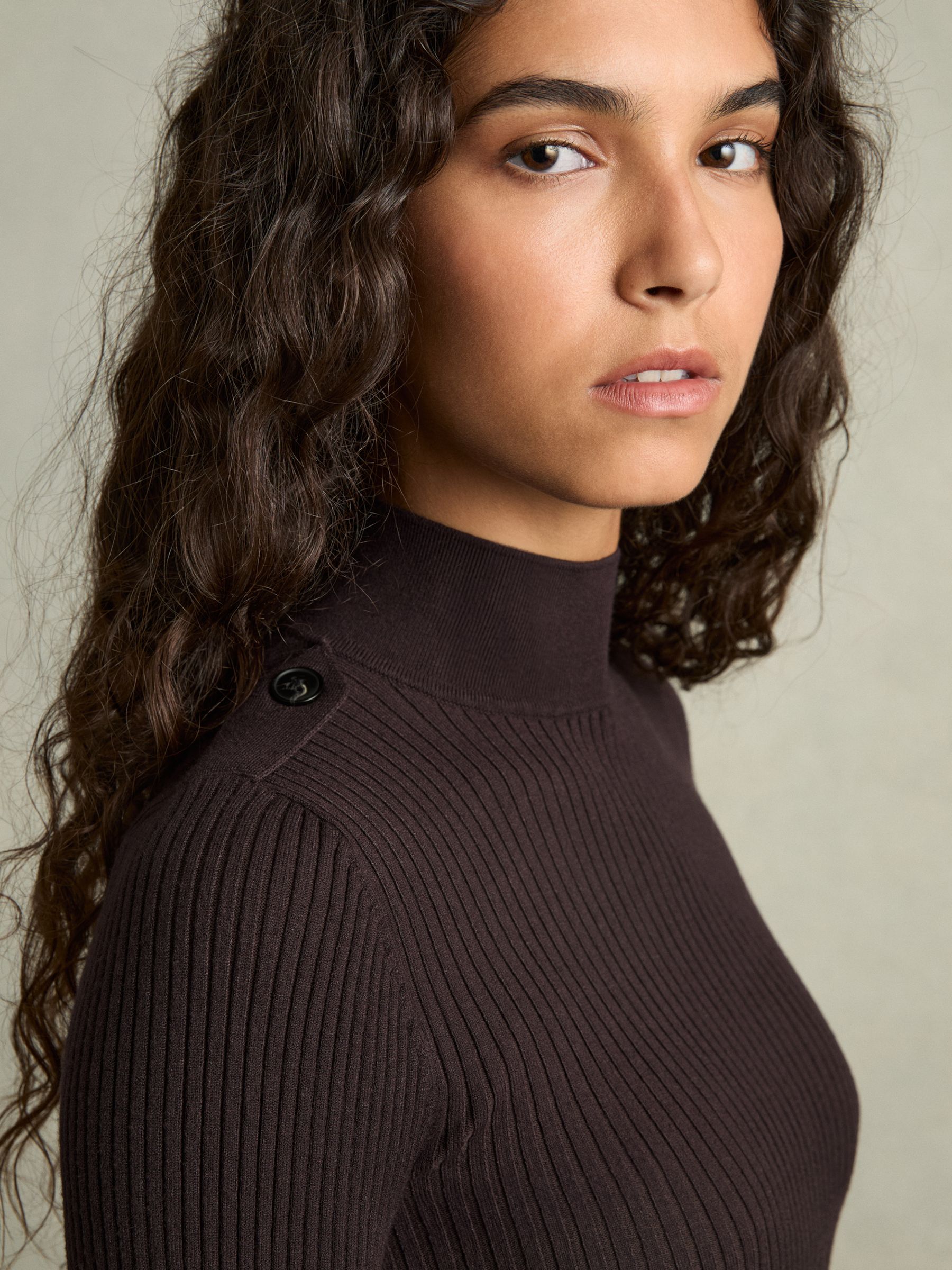 Rib-Knit High-Neck Top in Burgundy