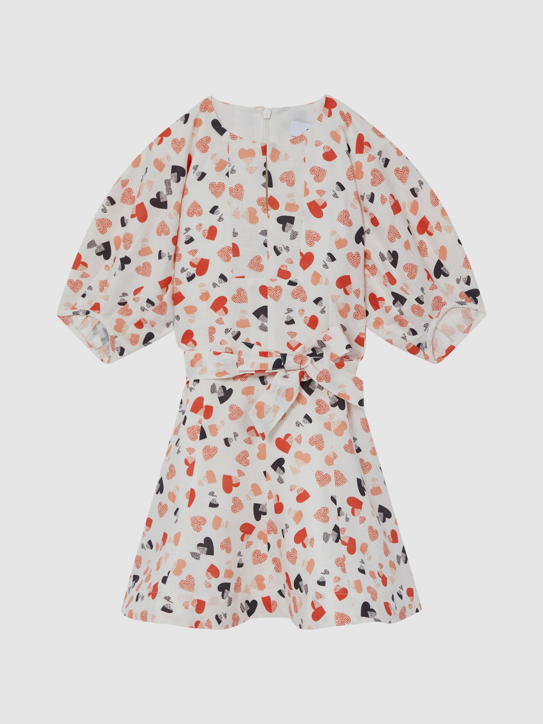 4-9 yrs Heart Print Linen Mini Dress in Ivory Print