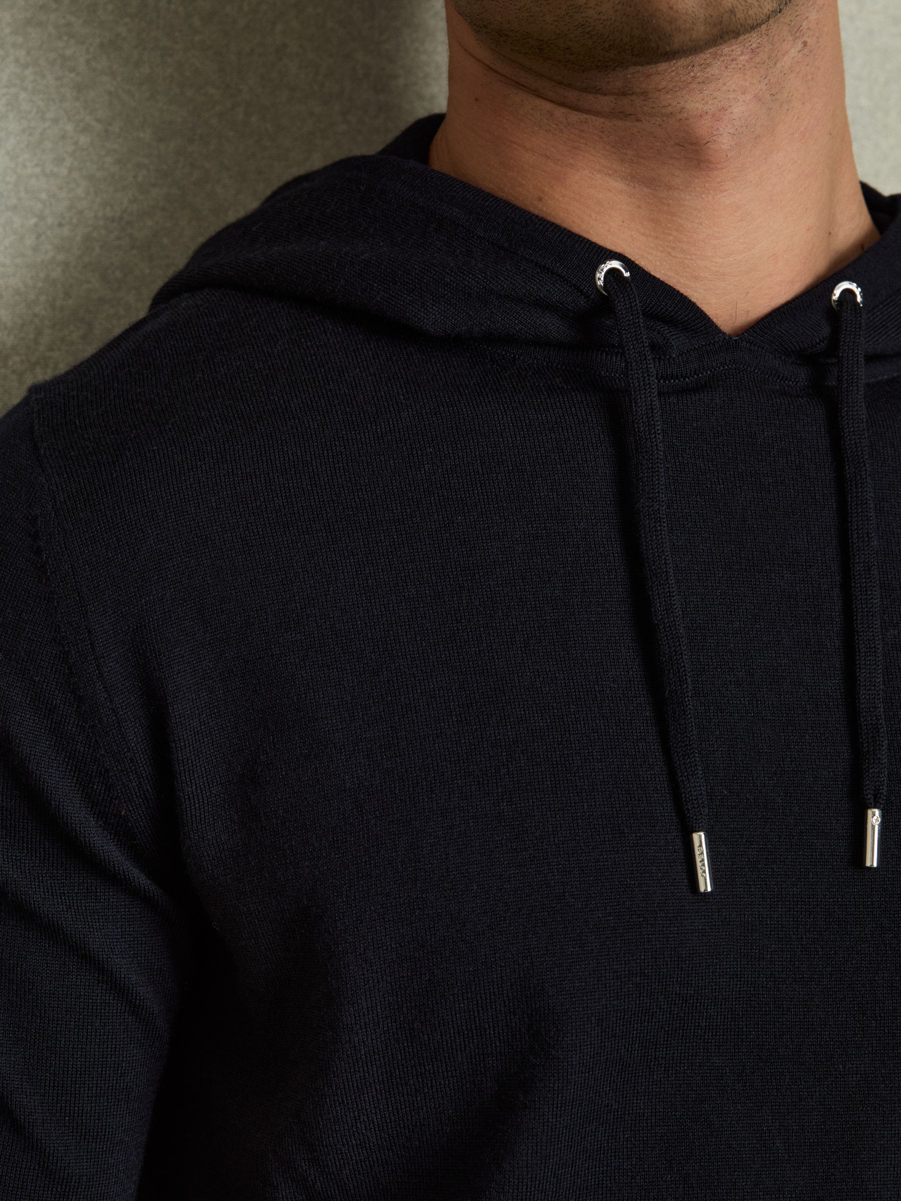 Merino Wool Drawstring Hoodie in Navy