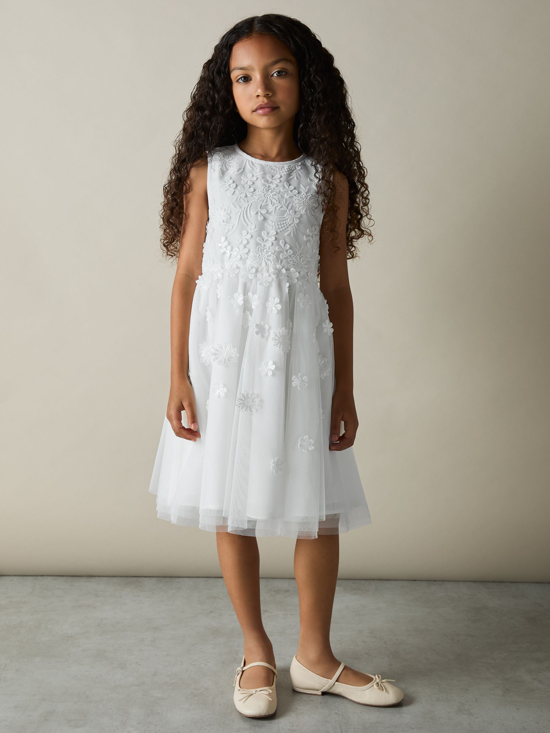 4-9 yrs Tulle Floral-Embroidered Bridesmaid Dress in Ivory