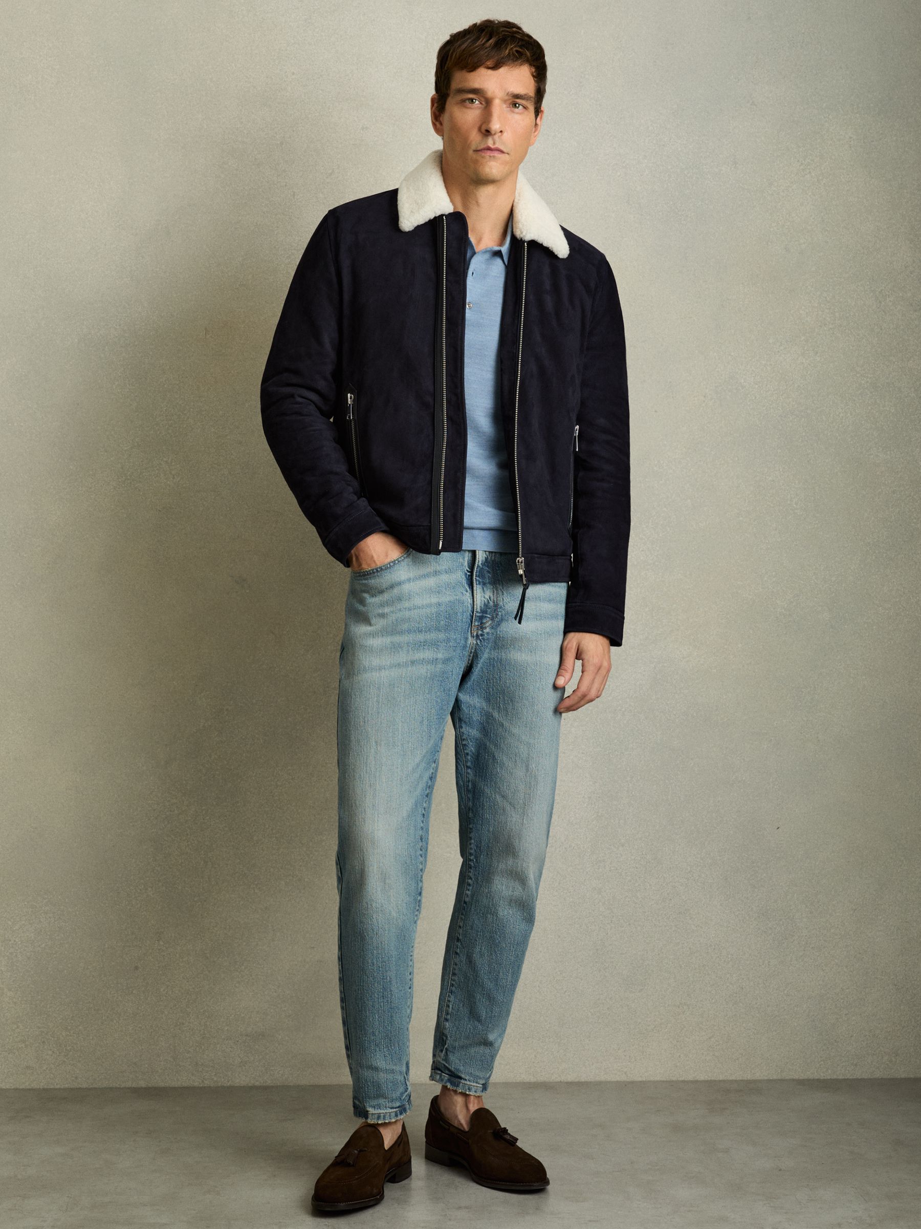 Suede Shearling-Collar Jacket in Navy