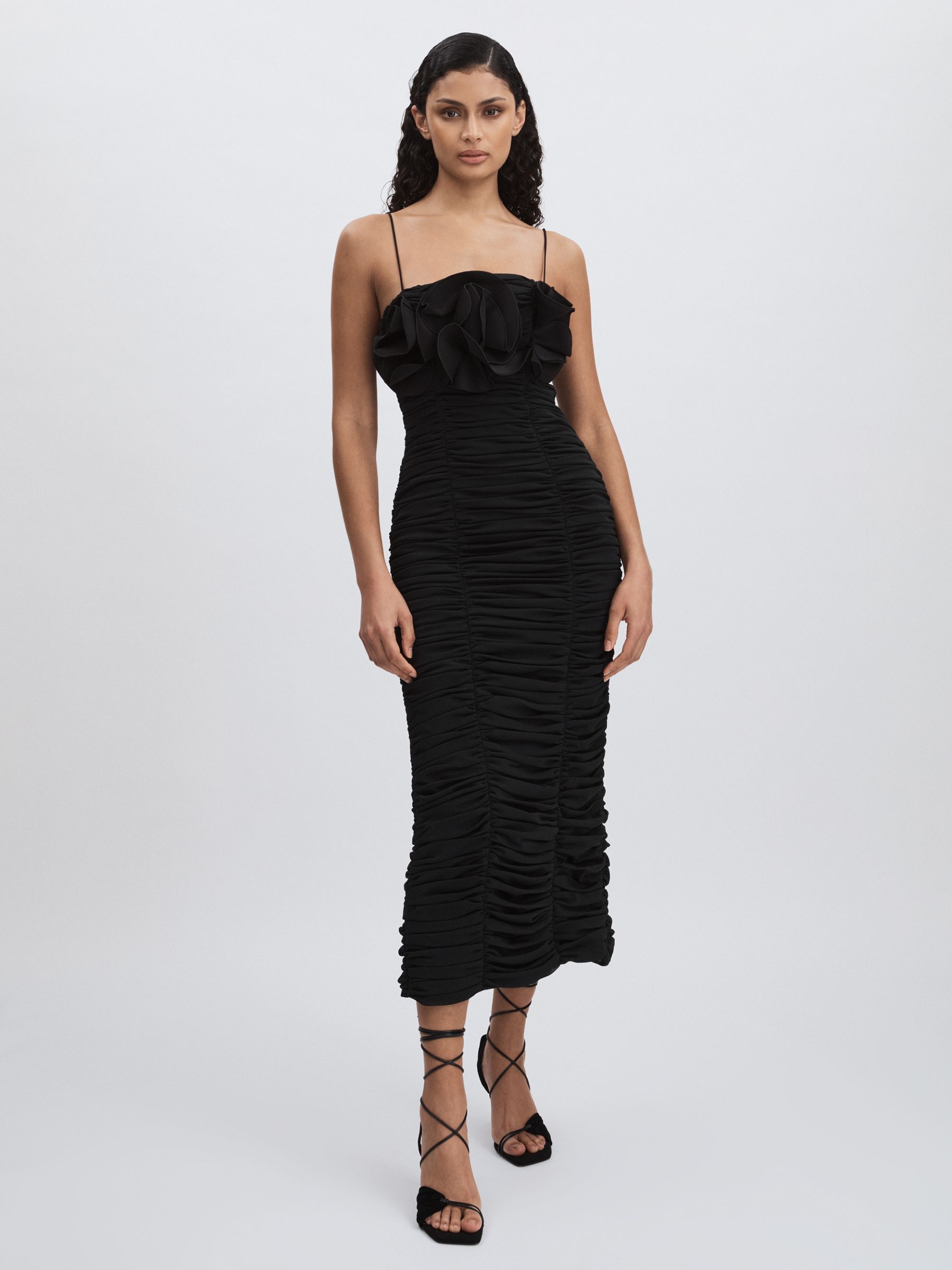 Acler Gathered Midi Black Dress with Rosettes in Black