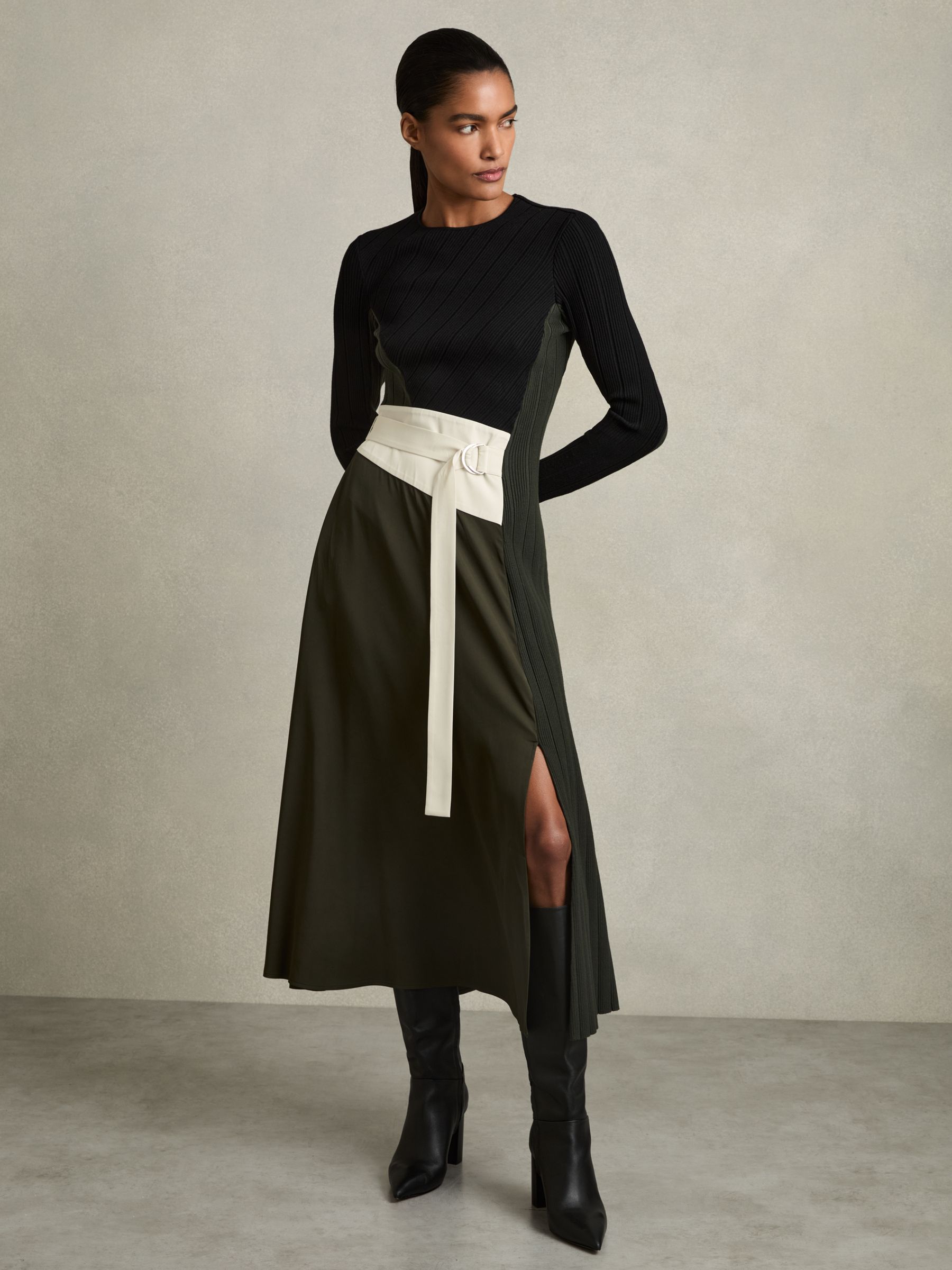 Rib-Knit Panelled Belted Midi Dress in Khaki/Black