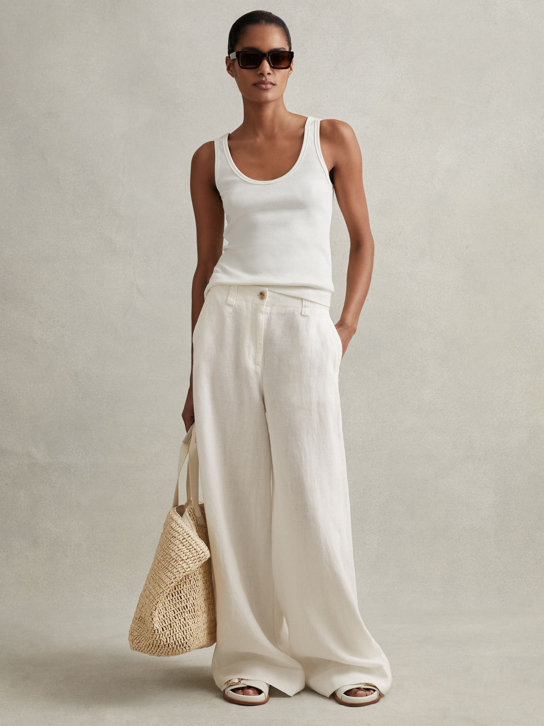 Petite Linen Wide Leg Garment Dyed Trousers in White