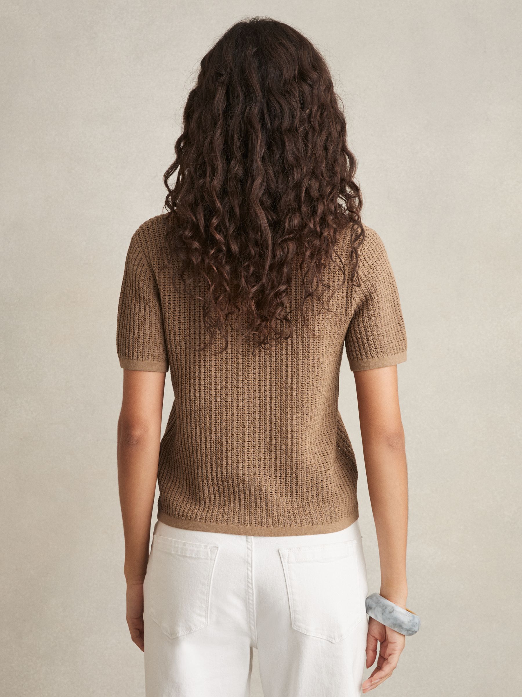 Cotton-Blend Open-Knit Polo Shirt in Tan