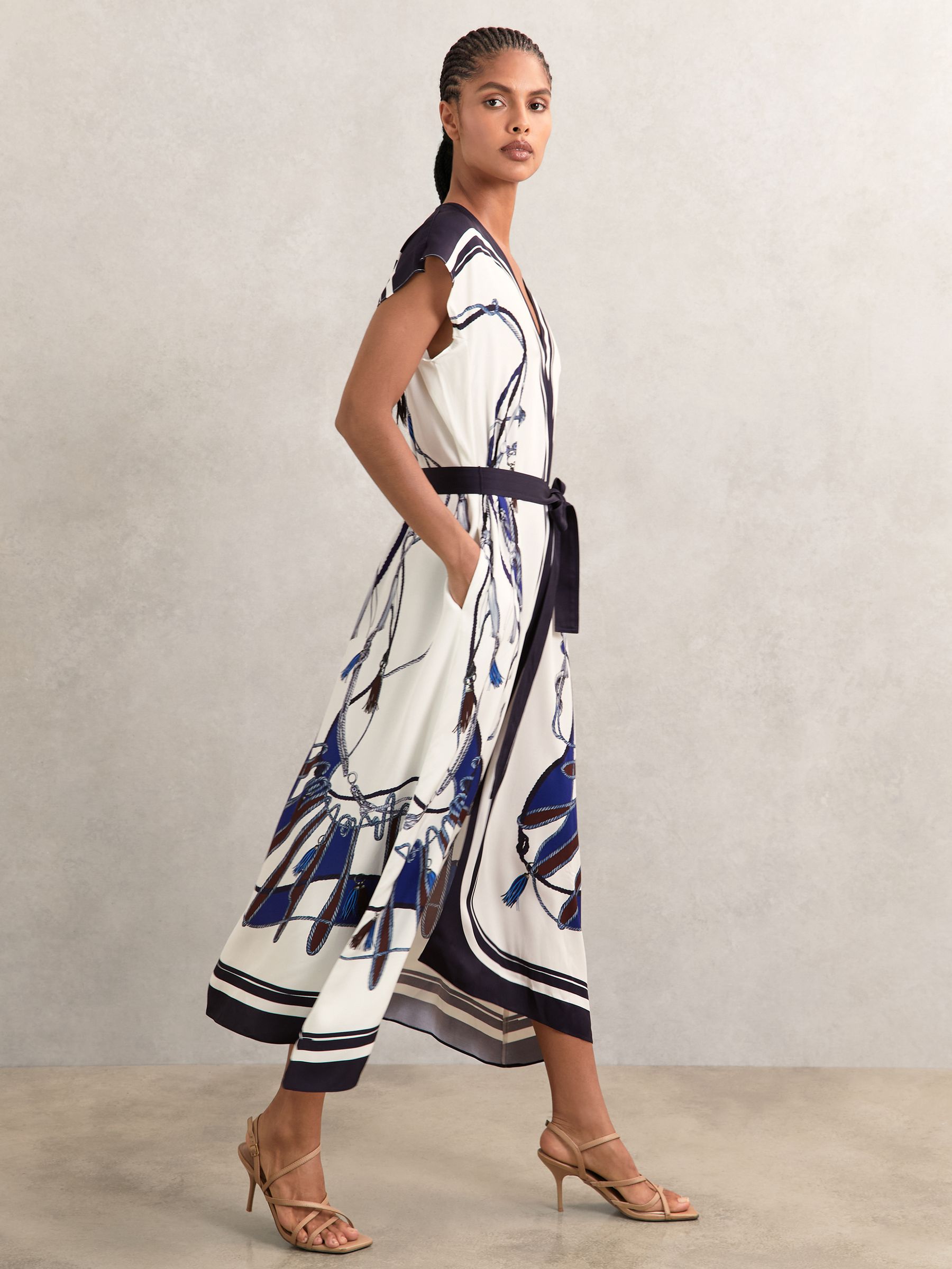 Scarf-Print V-Neck Belted Midi Dress in Blue/Brown