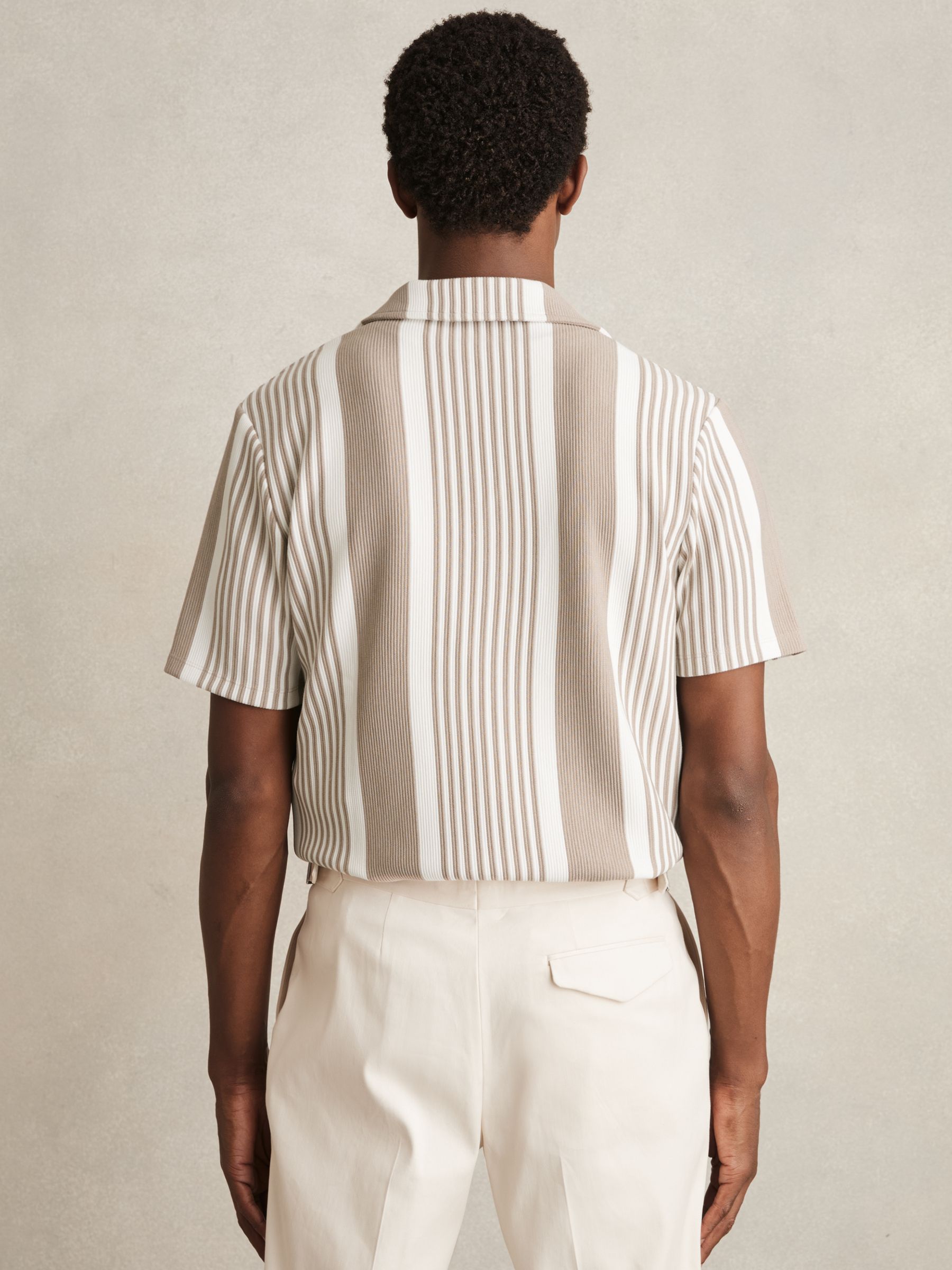 Stripe Ribbed Cuban Collar Shirt in Oatmeal/White