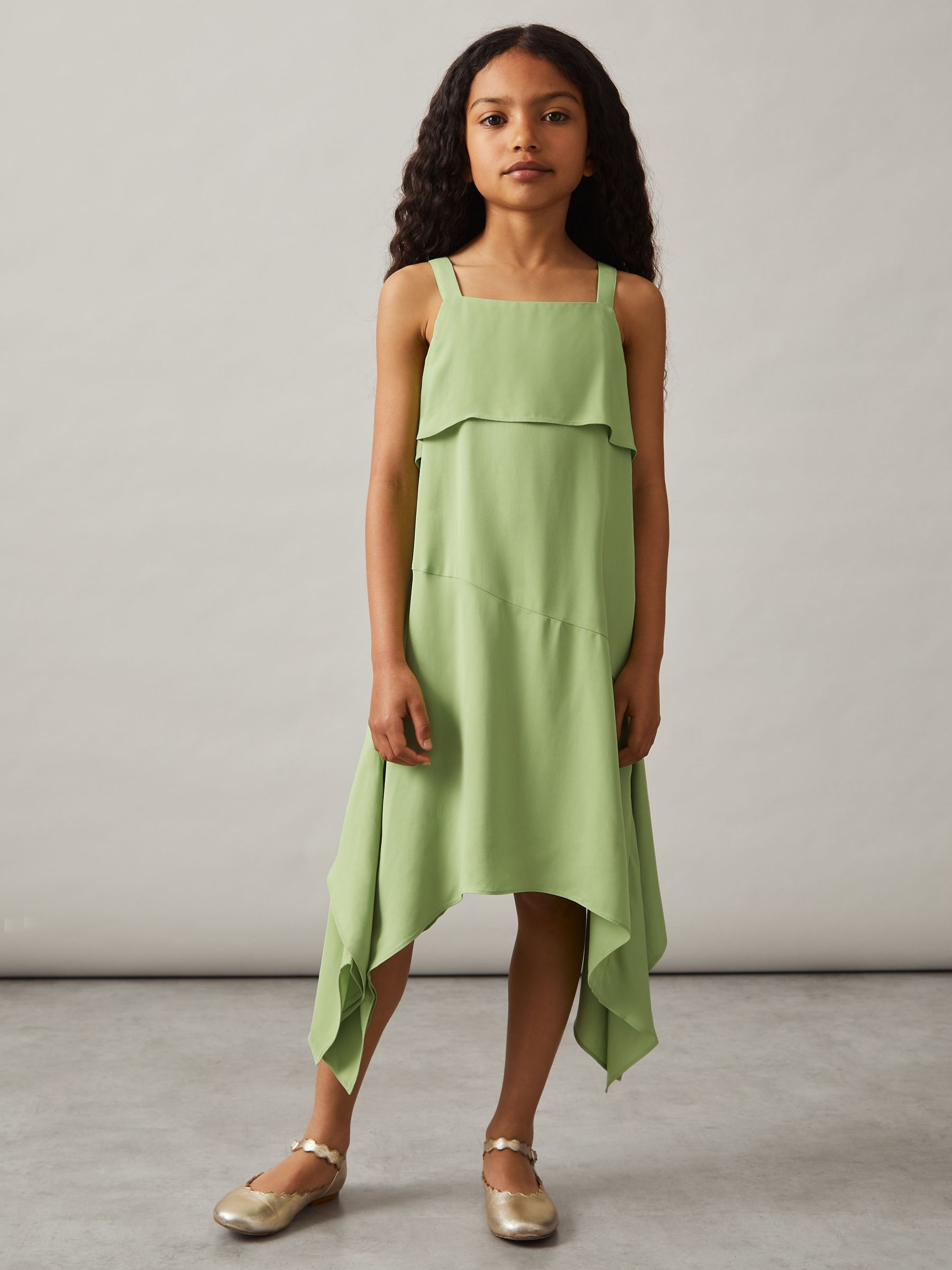 9-13 yrs Handkerchief-Hem Sleeveless Dress in Green