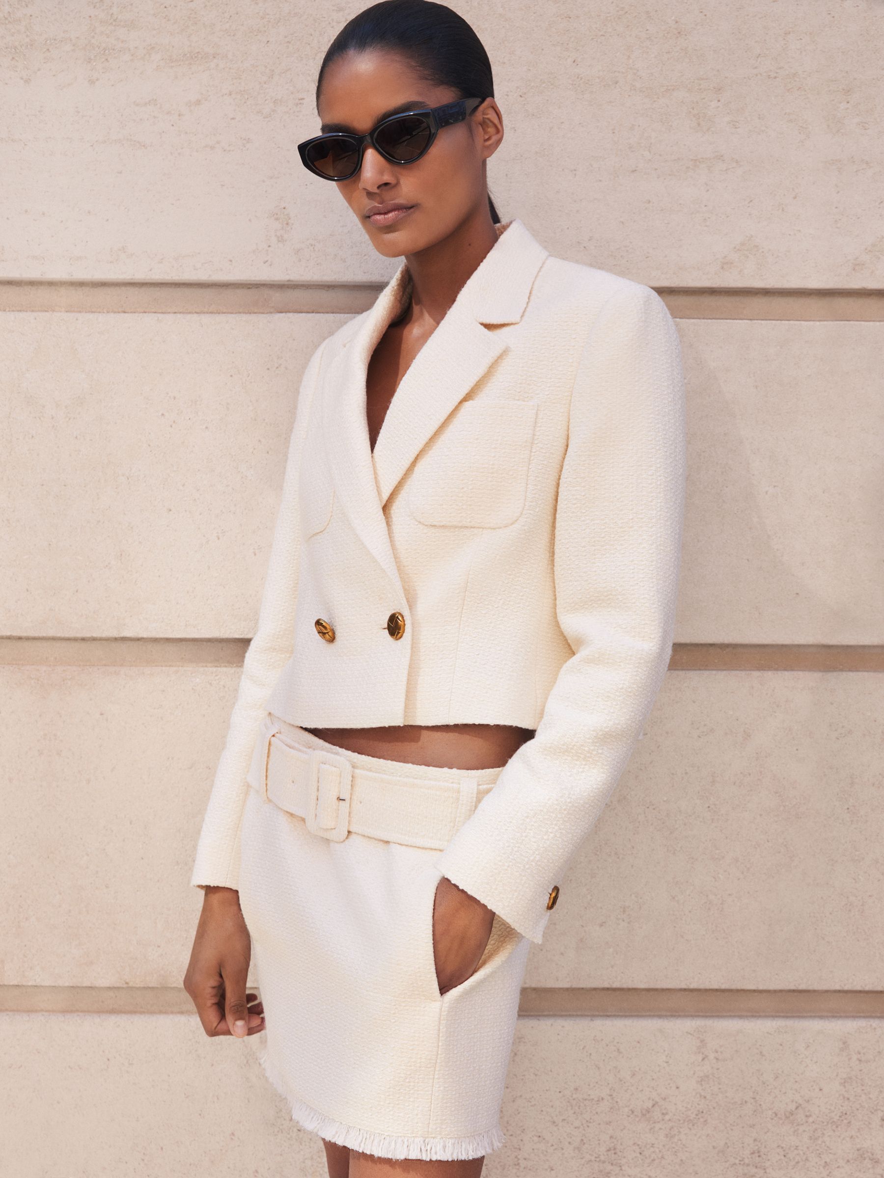 Bouclé Belted Mini Skirt With Wool and Cotton in White