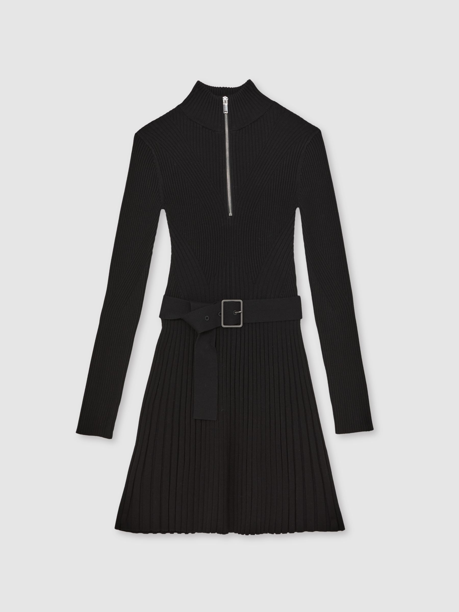 Rib-Knit Belted Half-Zip Flippy Dress in Black