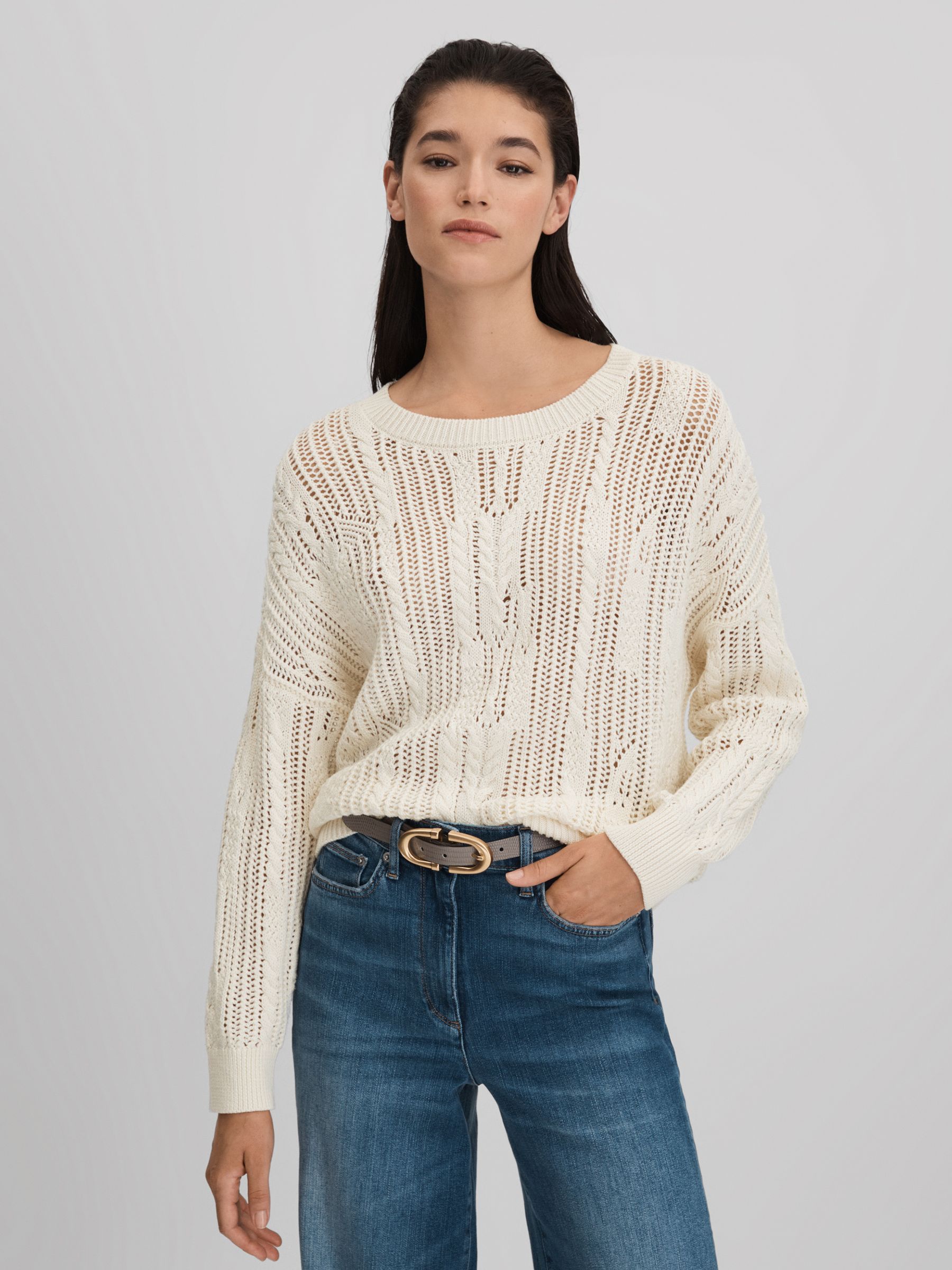 Cotton Blend Open Stitch Crew Neck Jumper in Ivory