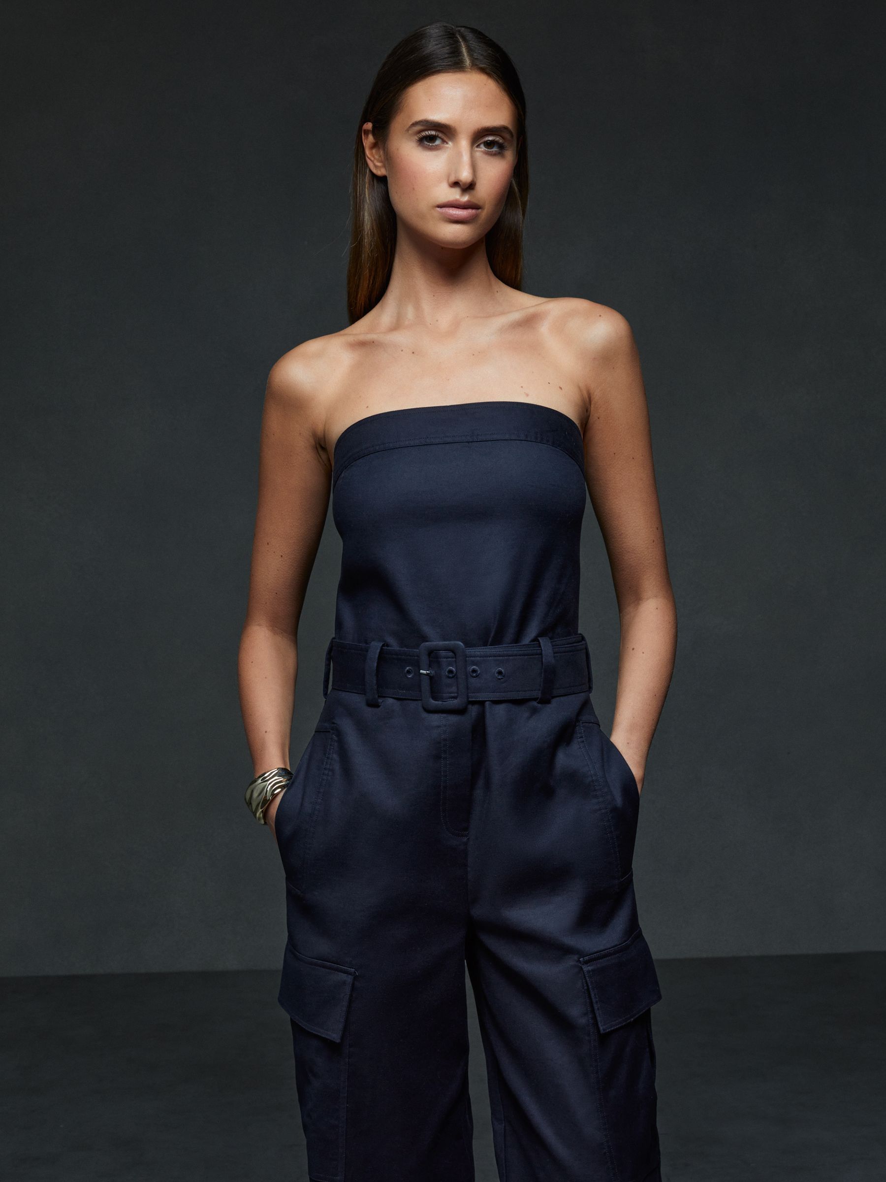 Lois Navy Strapless Belted Wide Leg Jumpsuit