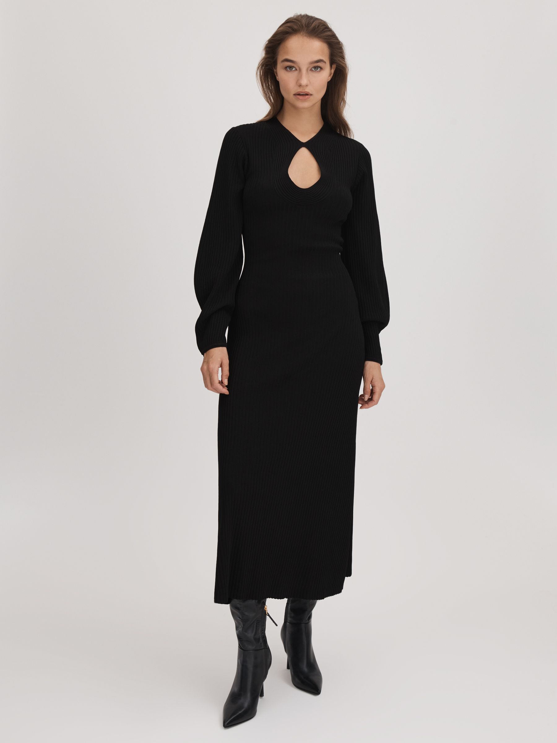 Florere Ribbed Blouson Sleeve Midi Dress in Black