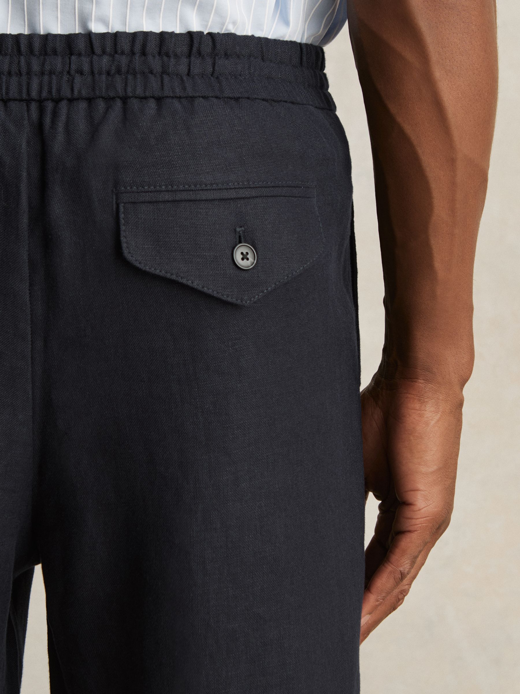 Linen Drawstring Relaxed-Fit Trousers in Navy