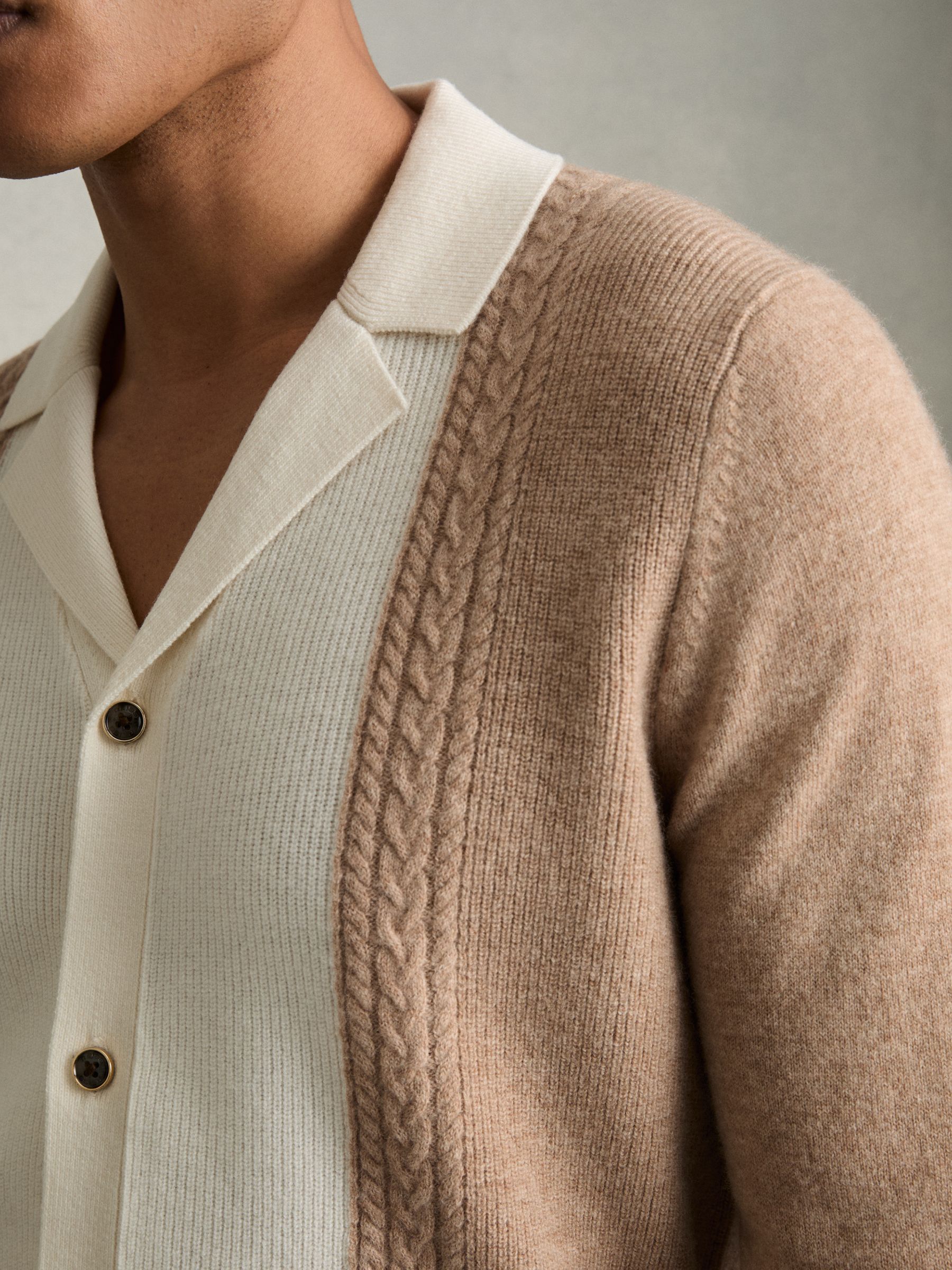 Wool Colourblock Knitted Shirt in Camel