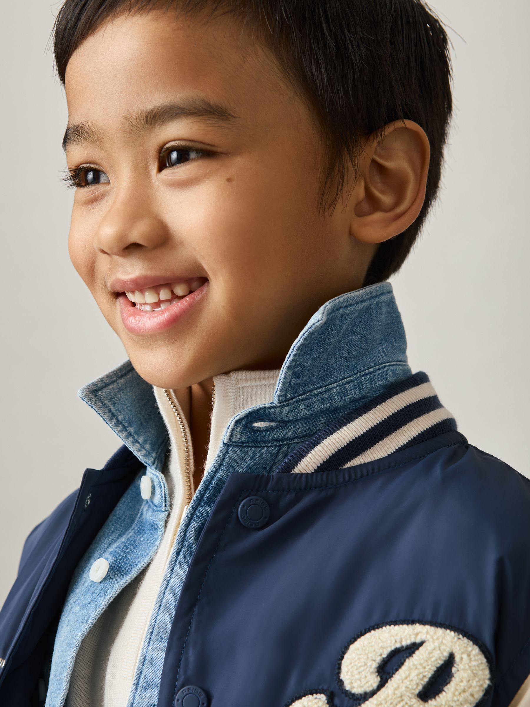 13-14 yrs Logo Patch Hooded Varsity Jacket in Airforce Blue/Off White