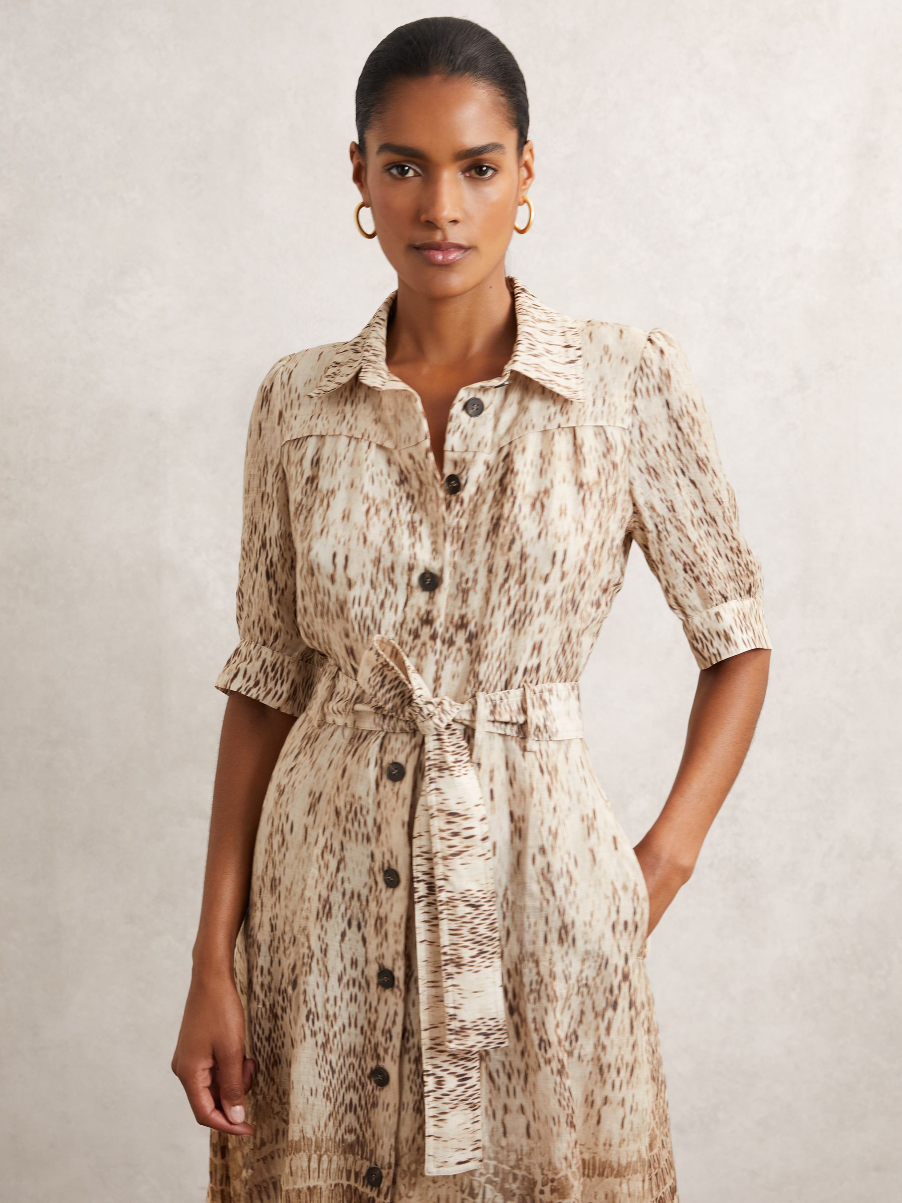 Animal-Print Belted Shirt Dress in Neutral