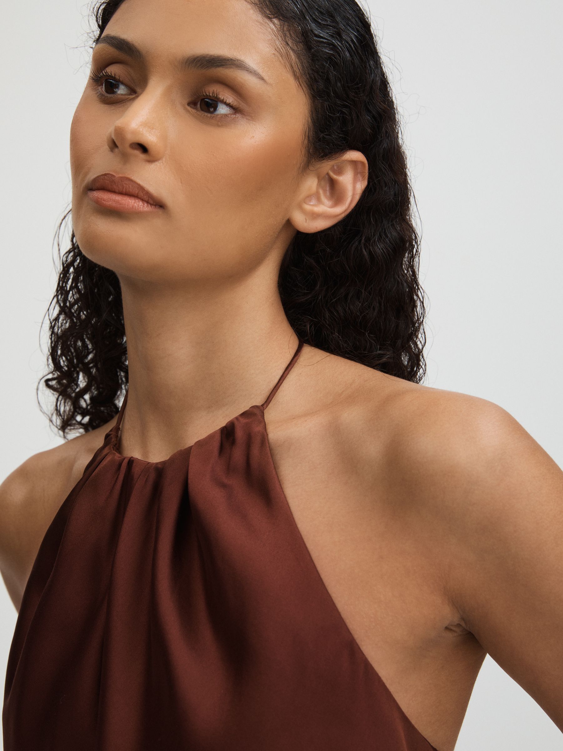 Gisele Brown Paige Silk Satin Halter Neck Brown Top