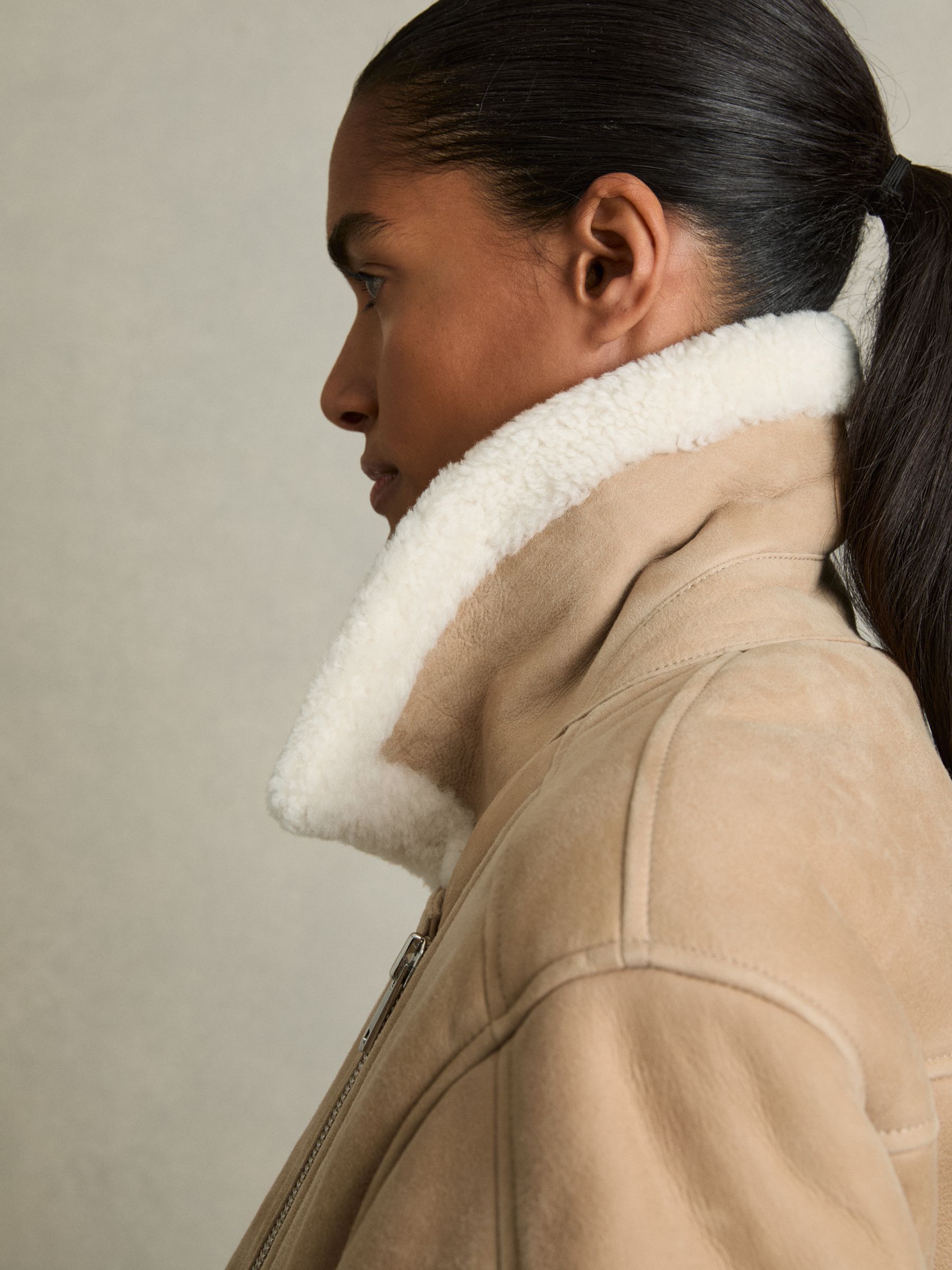 Shearling-Lined Leather Aviator Jacket in Neutral